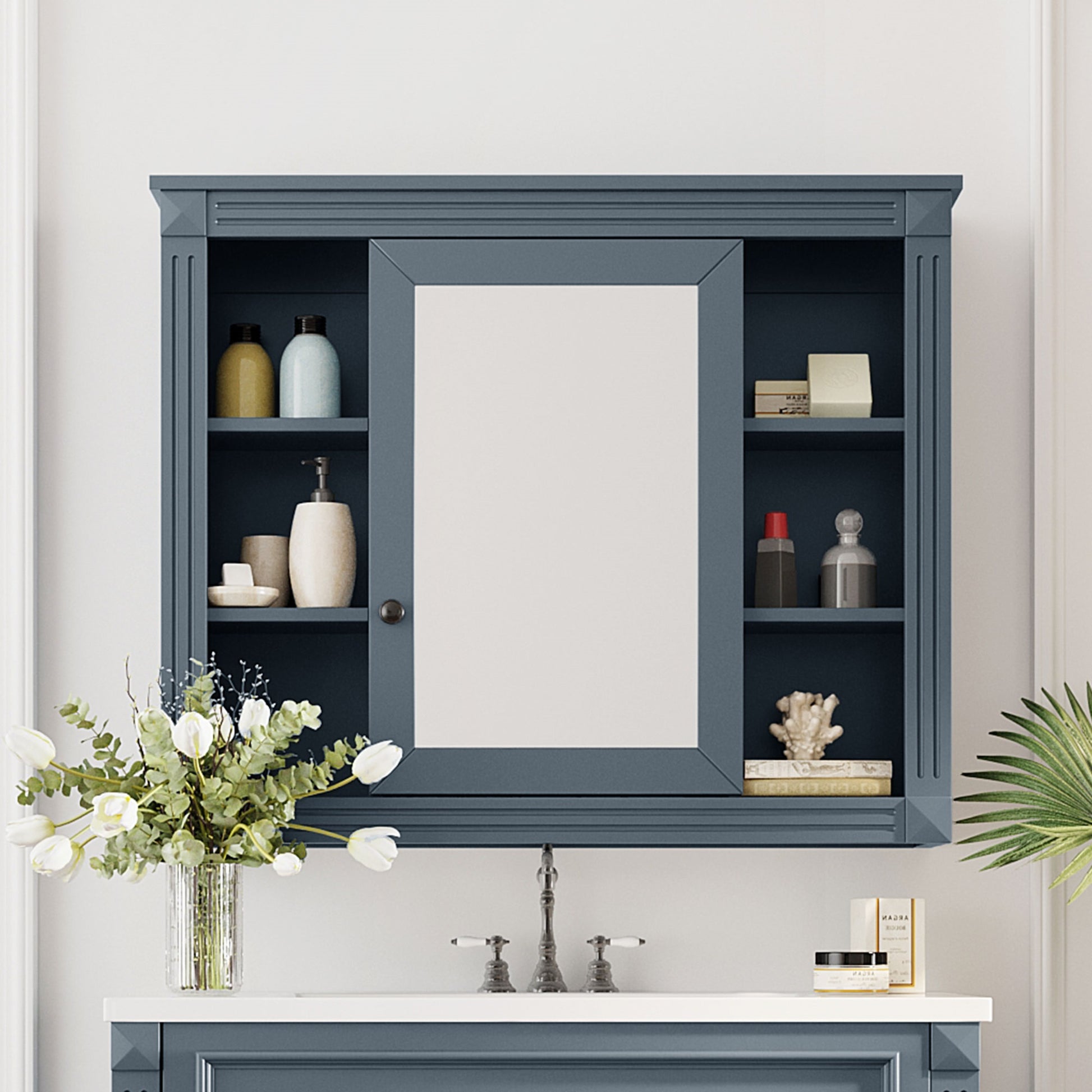 35'' X 28'' Wall Mounted Bathroom Storage Cabinet, Medicine Cabinet, Modern Bathroom Wall Cabinet With Mirror, Mirror Cabinet With 6 Open Shelves Not Include Bathroom Vanity Blue 1 5 Adjustable Hinges Bathroom Wall Mounted Mdf Painted