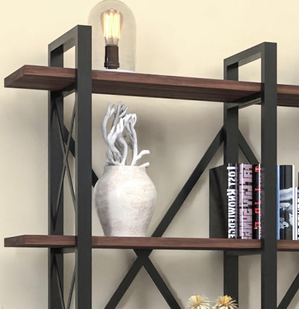 Cunda 5 Tier Bookcase, Metal Frame Wood Base Bookshelf, Walnut 5 Walnut Brown Standard Vertical Open Back Metal Contemporary Stackable Wood