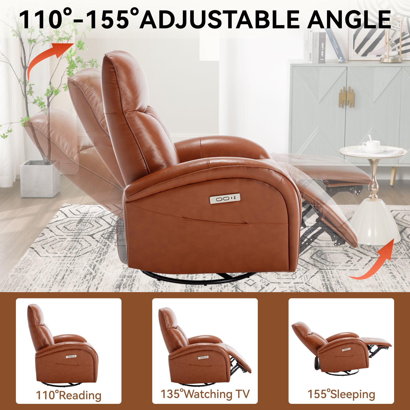 Yellow Brown Genuine Leather Swivel And Rocker Power Recliner Chair With Lumbar Support, Max Swivel Degree 270 , Heavy Duty Motion Mechanism With Usb And Type C Brown Genuine Leather Power Push Button Metal Primary Living Space Medium Firm Pillow Back