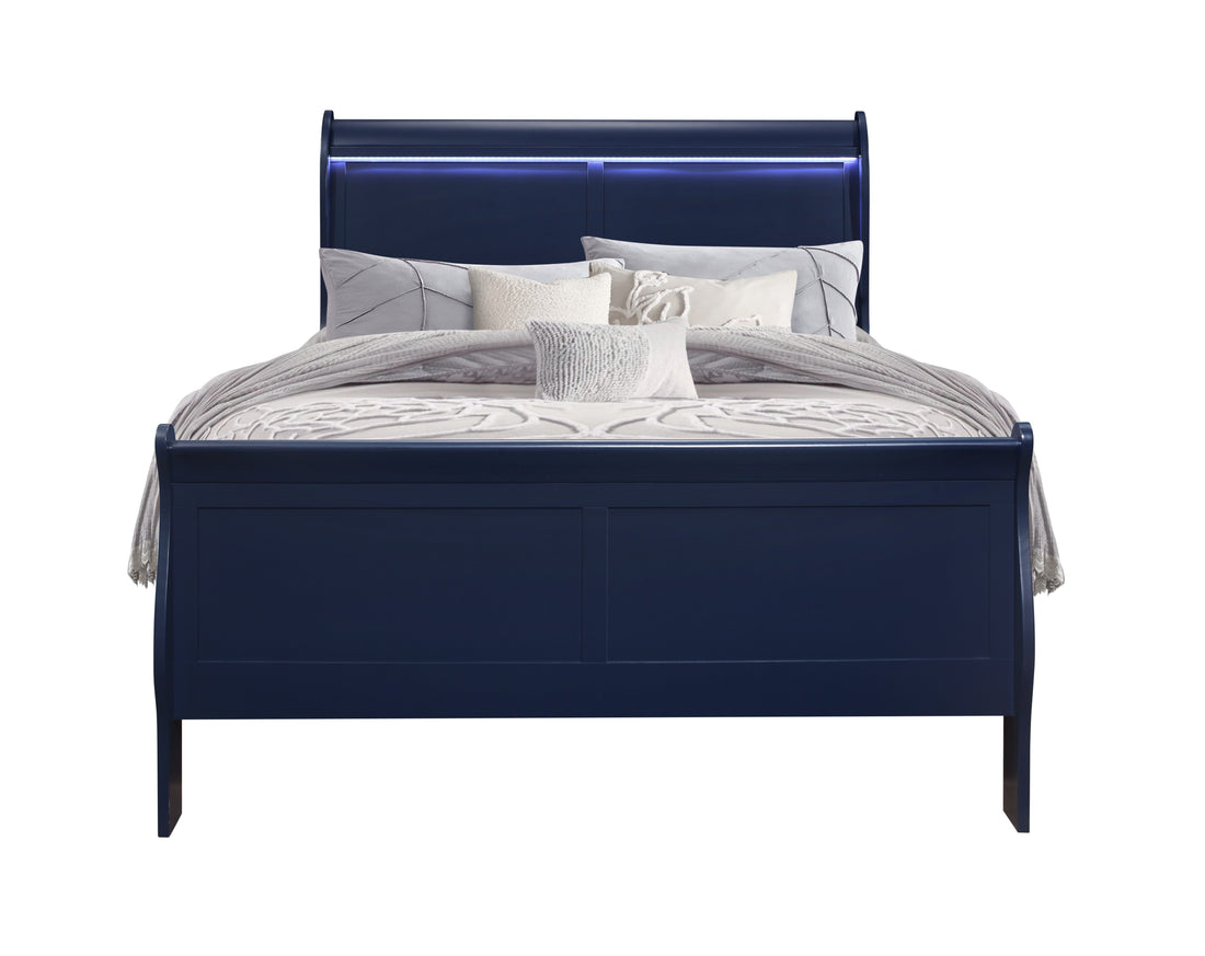 Charlston Blue Full Bed With Led Blue Solid Wood Mdf