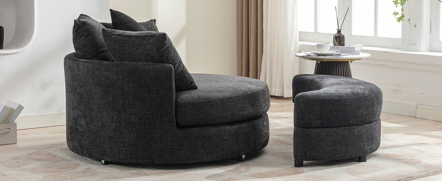 Orisfur. 360 Swivel Accent Barrel Chair With Storage Ottoman & 4 Pillows, Modern Chenille Leisure Chair Round Accent For Living Room, Gray Gray Foam Chenille