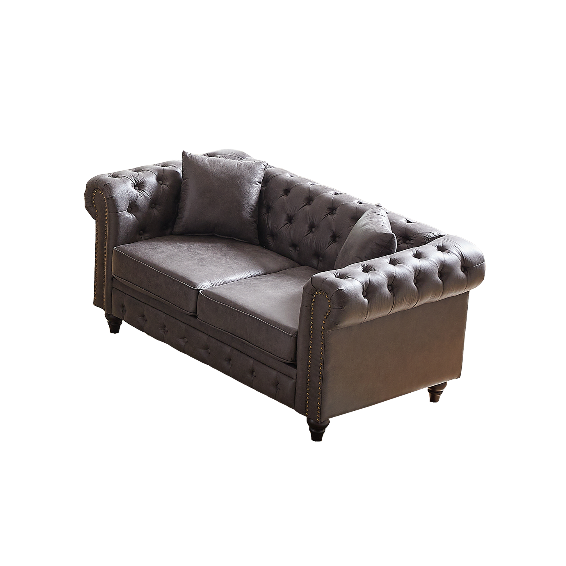 Fx 63.5" Contemporary Design Chesterfield Sofa, Tech Fabric Button Design Living Room Sectional, Button Tufted With Nail Design Arms With 2 Pillows, Upholstered Upholstery And Wooden Legs Grey Wood Primary Living Space Pine Foam Fabric 3 Seat