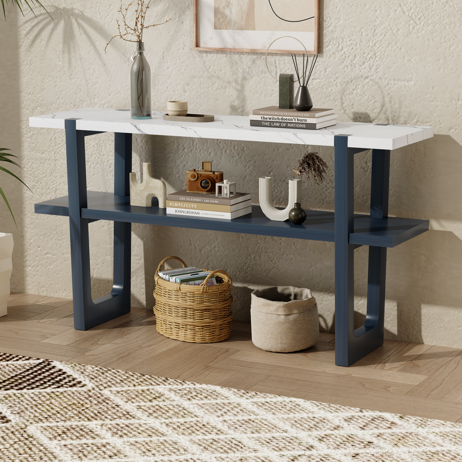 Retro Elegant Console Table With Marble Effect Top And Versatile Storage Solutions For Entryway And Living Room Navy Navy Solid Wood Mdf