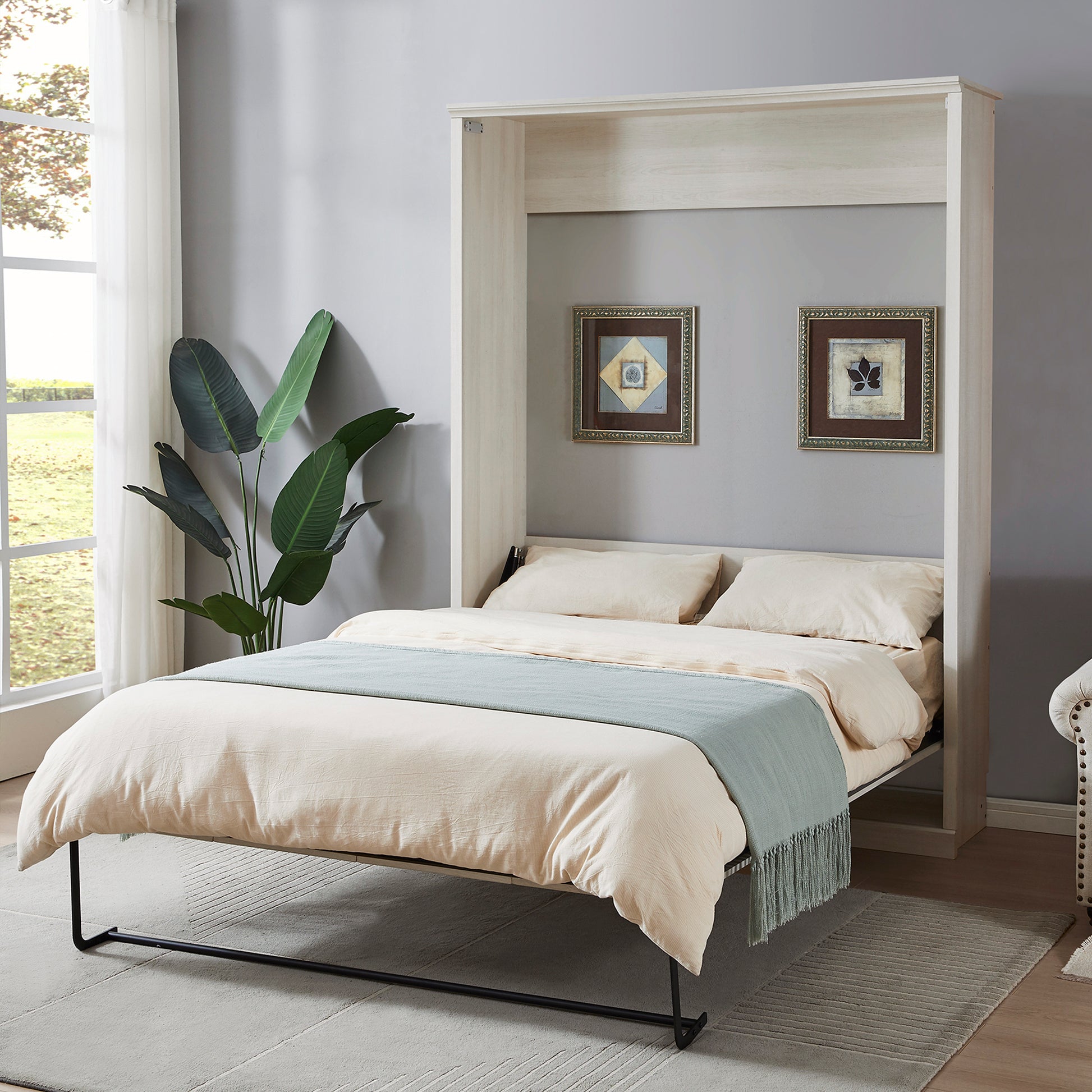 Queen Size Half Self Close And Open Murphy Bed Cabinet Space Saving Bed Perfect For Guest Room, For Bed Room, Guest Room, Home Office, Rustic White Box Spring Not Required Queen Rustic White Wood White Pine Murphy Pine