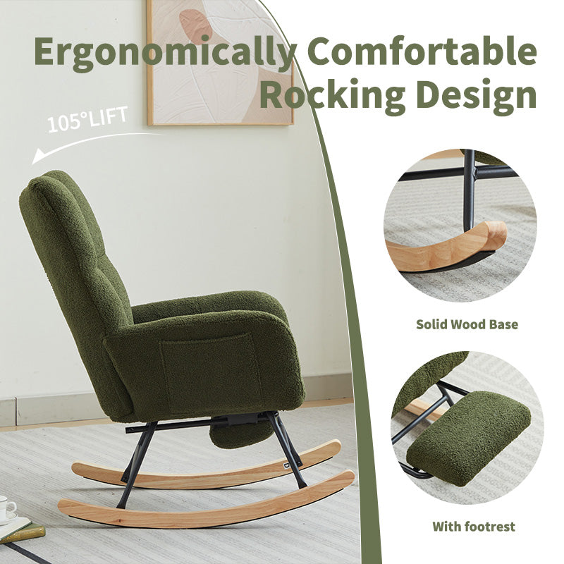 Modern Nursery Rocking Chair, Upholstered Glider Chair With High Backrest, Rocker Accent Armchair With Solid Wood Legs For Nursery Bedroom Living Room Drak Green Dark Green Teddy