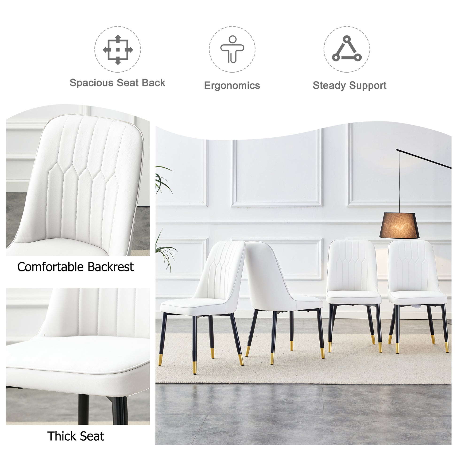 Table And Chair Set.Modern Minimalist Dining Table. White Imitation Marble Pattern Sintered Stone Desktop With Golden Metal Legs.Paried With 4 Comfortable Chairs With Pu Seats And Black Metal Legs.