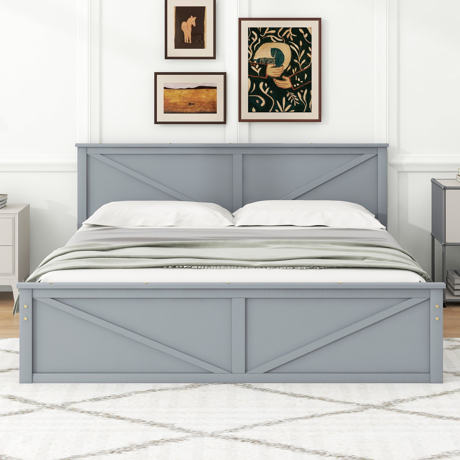 King Size Wooden Platform Bed With Four Storage Drawers And Support Legs, Gray King Gray Pine