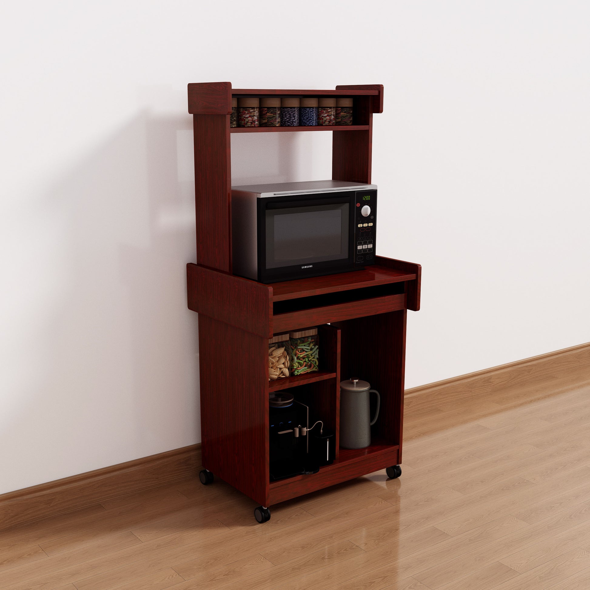 Microwave Cart Coffee Station Computer Cart On Locking Castors Hutch Gliding Shelf Mahogany Color Mahogany Particle Board Mdf