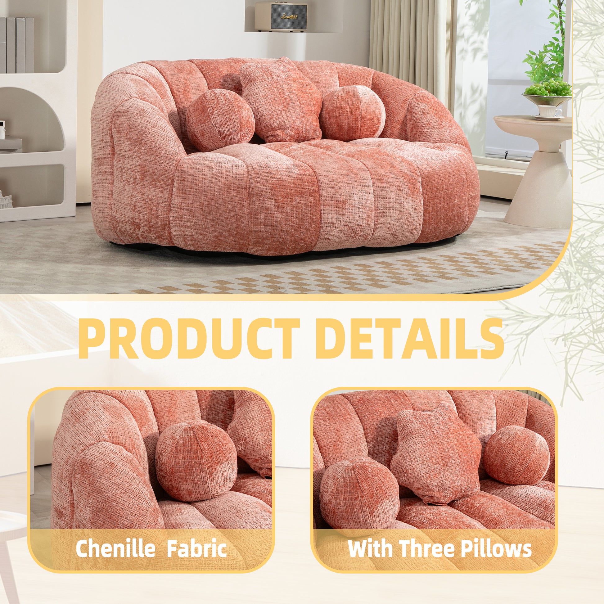 Coolmore Bean Bag Sofa Lazy Sofa Durable Comfort Lounger High Back Bean Bag Chair Couch For Adults And Kids, Indoor & Outdoor, Accent Floor Soft Lounge Chair Pink Chenille Pink Primary Living Space