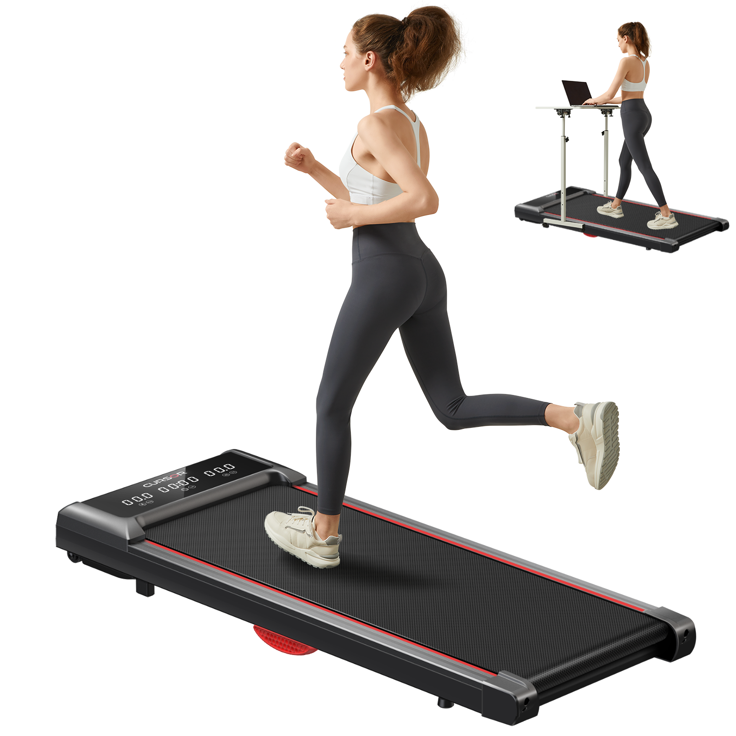 Under Desk Treadmill, Walking Pad For Home Small, 2.5 Hp Quiet Brushless Motor, 265 Lbs Indoor Fitness Black Red Handheld Foldable Office Modern Training Support Aluminium Abs Rubber Steel Q235