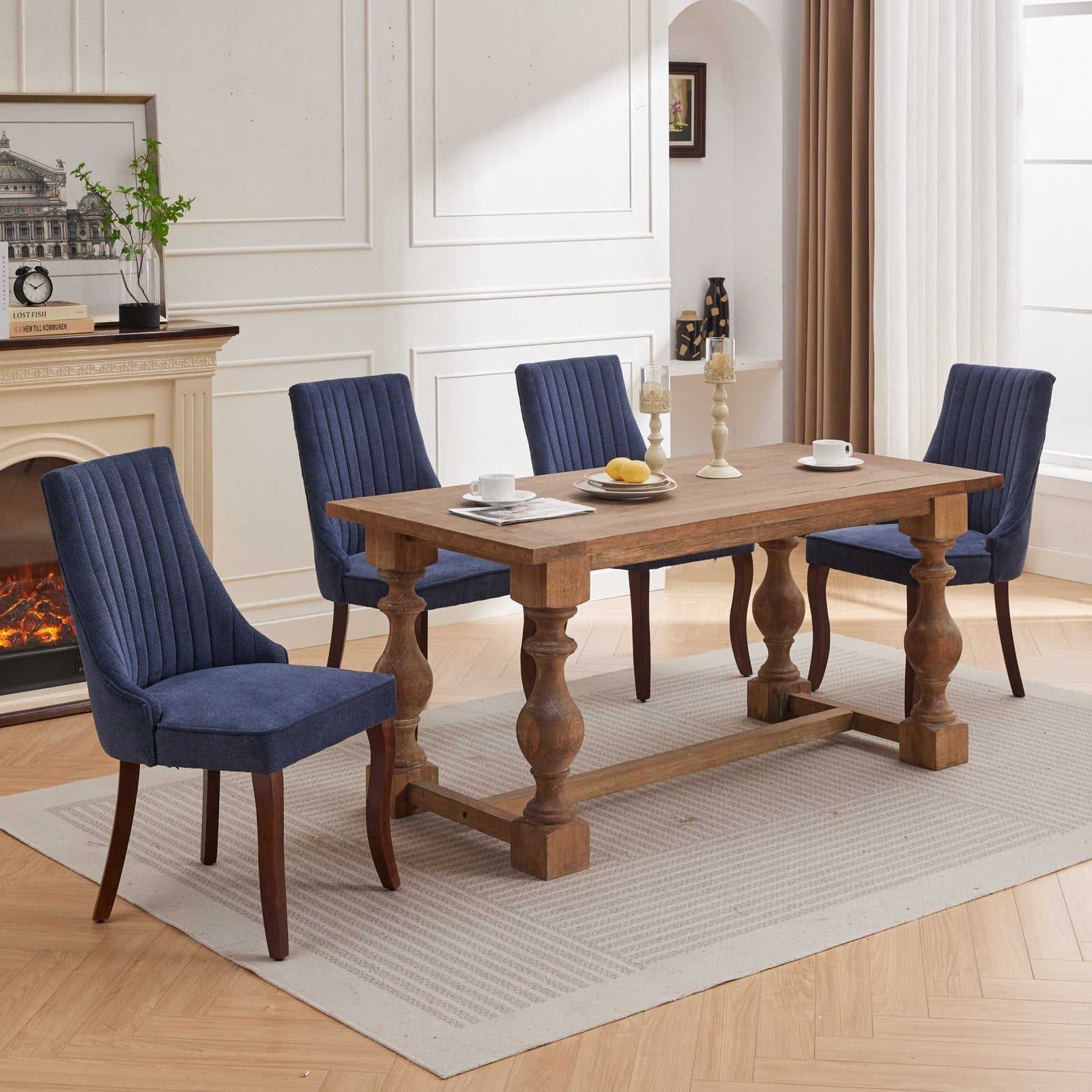 Rayon Cloth Flocking Linen Dining Chairs Channel Kitchen Dinner Chair Comfy Fabric Upholstered Accent Chair For Dining Room With Curved Solid Wood Legs,Set Of 2 Blue , Sw1847Bl Blue Light Brown Dining Room American Design,American Traditional Dining