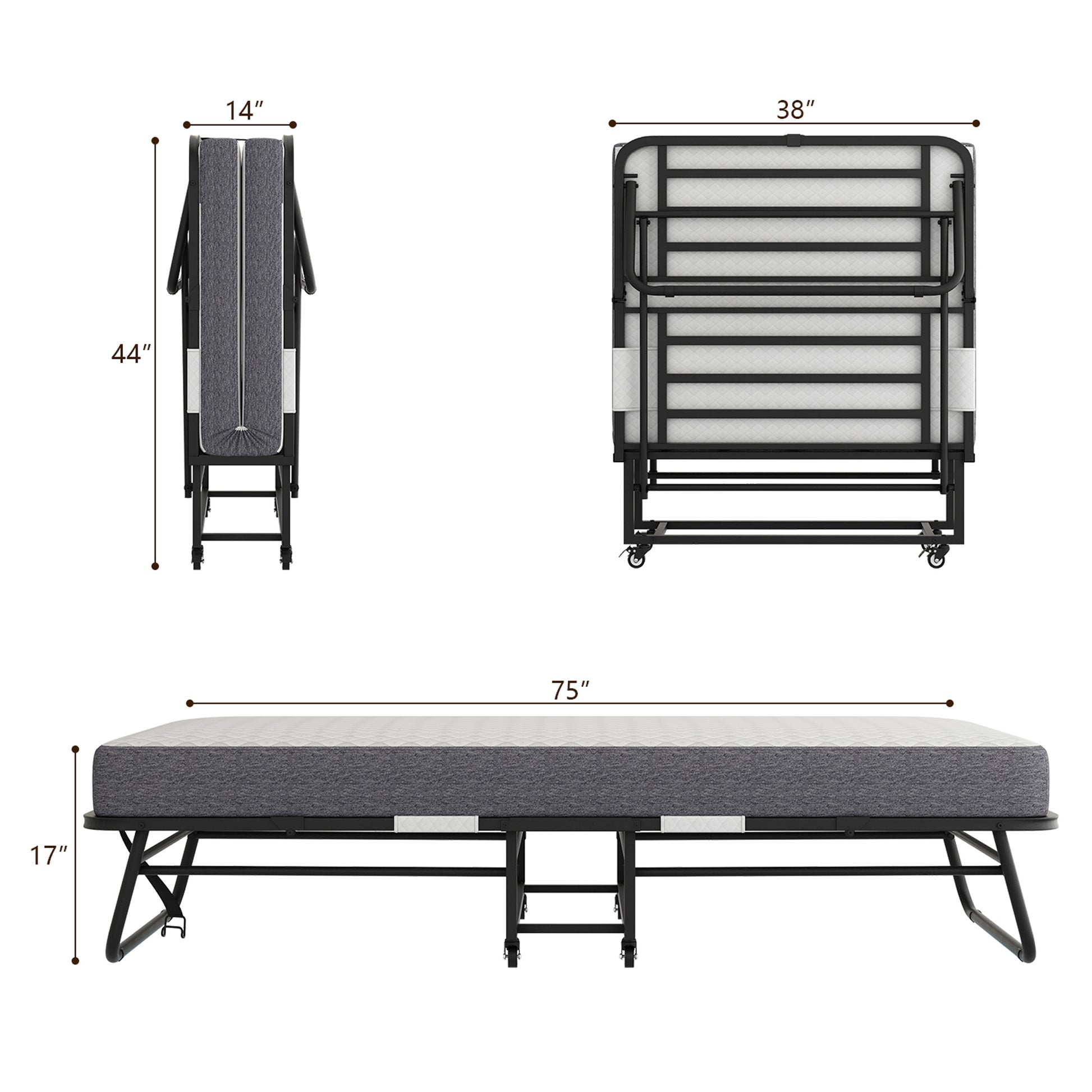 Folding Bed With Mattress 75" X 38" Rollaway Guest Bed Portable Foldable Bed For Adults With 5" Memory Foam Mattress Space Saving Sturdy All Metal Steel Pipe Frame Twin Black Iron Modern Polyester Iron