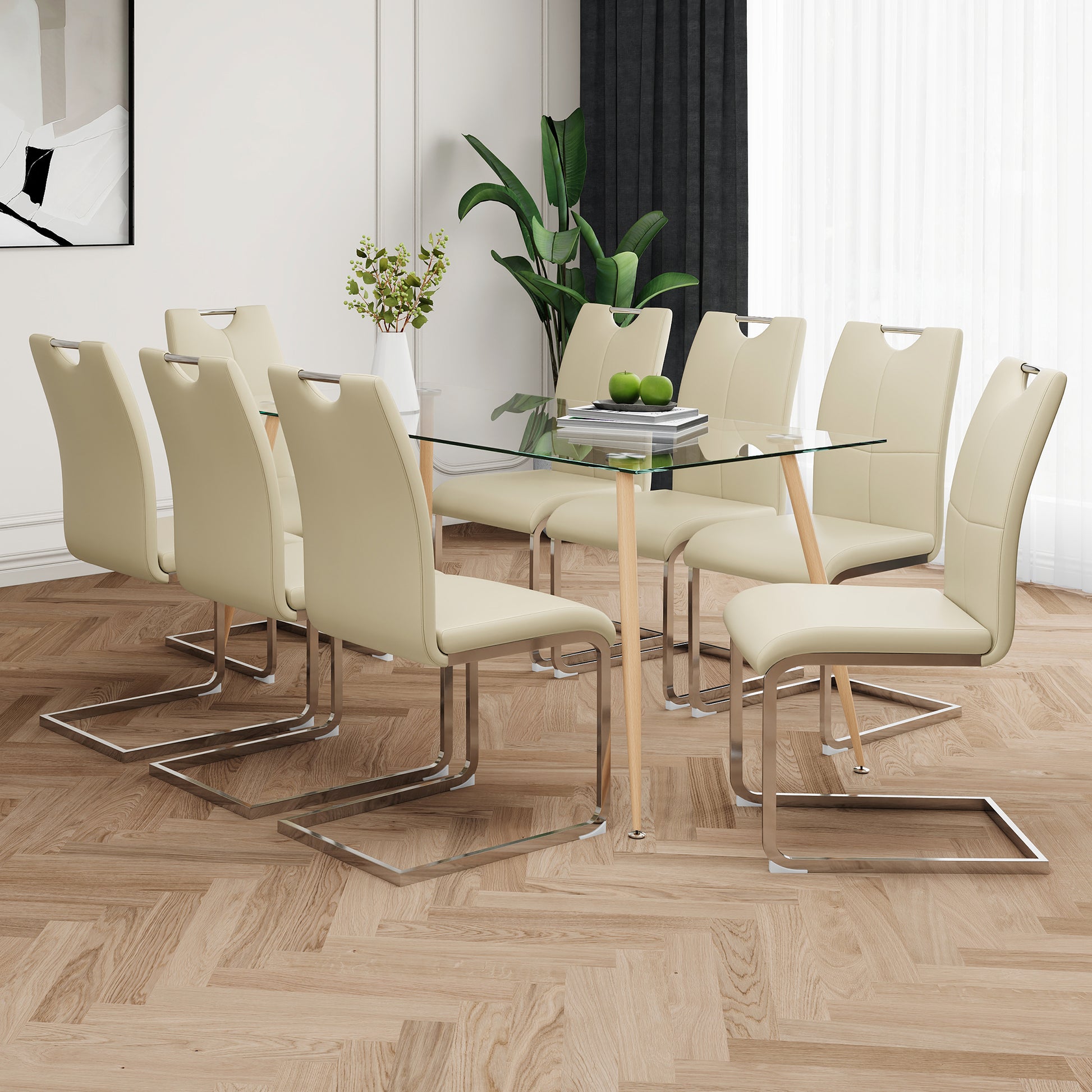 Modern Simple Rectangular Glass Dining Table, Solid Tempered Glass Countertop, Wood Transfer Metal Table Legs, Light Yellow Pu Dining Chair Set, Suitable For Restaurant Kitchen Use Set Of 9 Upholstered Chair Glass Light Yellow Seats 8 Metal Rectangular