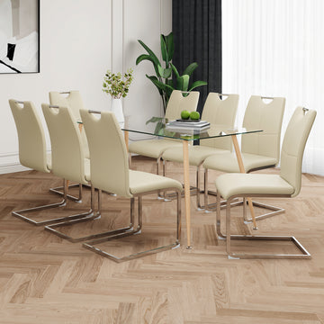 Modern Simple Rectangular Glass Dining Table, Solid Tempered Glass Countertop, Wood Transfer Metal Table Legs, Light Yellow Pu Dining Chair Set, Suitable For Restaurant Kitchen Use Set Of 9 Upholstered Chair Glass Light Yellow Seats 8 Metal Rectangular