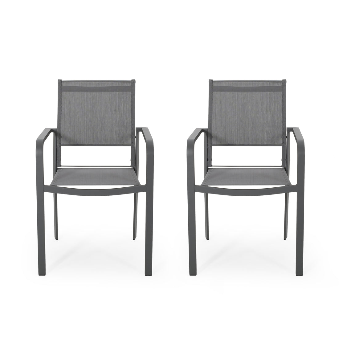 Outdoor Modern Aluminum Dining Chair With Mesh Seat Set Of 2 , Metal Gray And Dark Gray Gray Aluminium