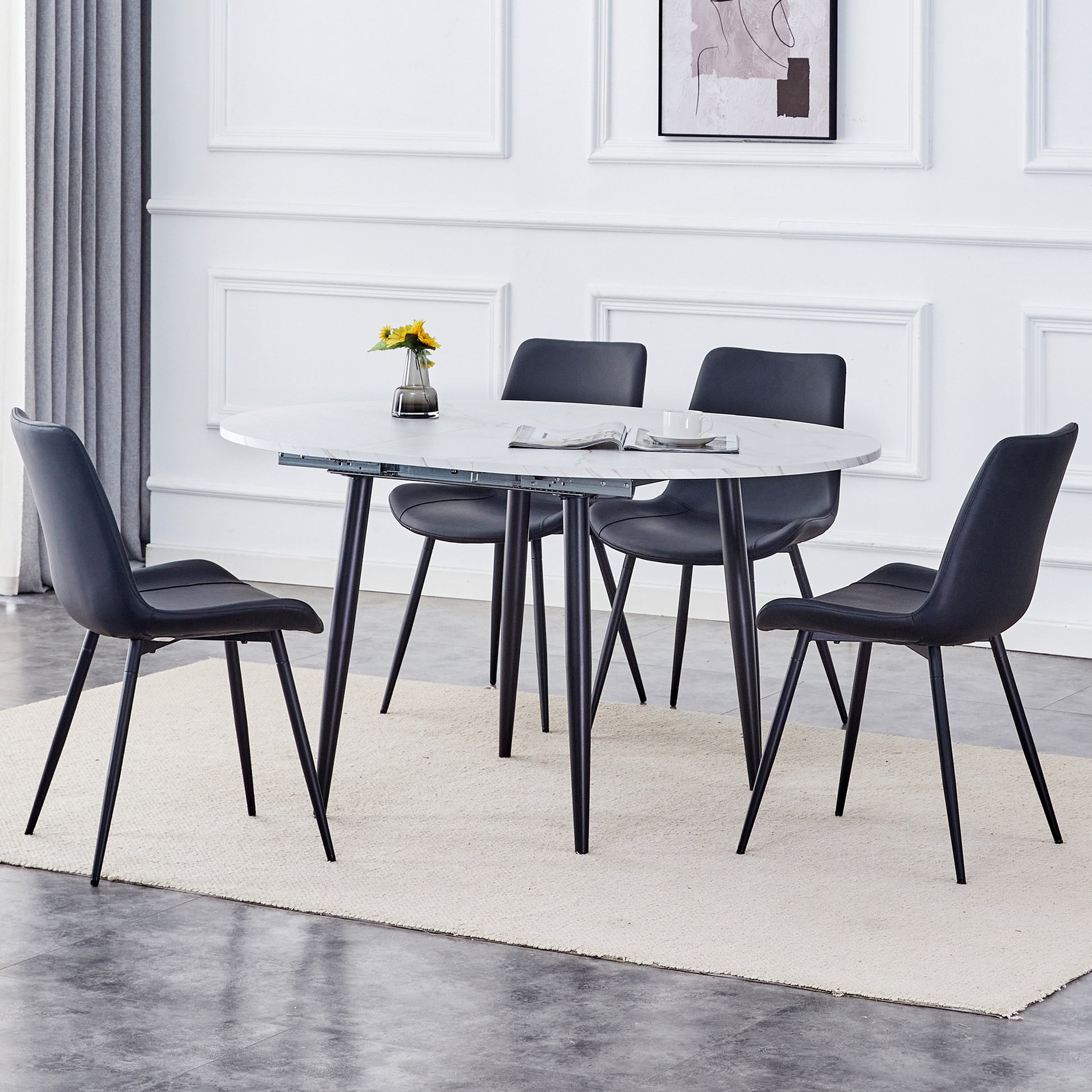 Table And Chair Set.Modern Extendable Mdf Dining Table.The Table Has A Telescopic Design, Suitable For Gatherings Of Different Size.Paired With 4 Chairs With Pu Cushions And Black Metal Legs. Black,White Seats 4 Mdf Metal