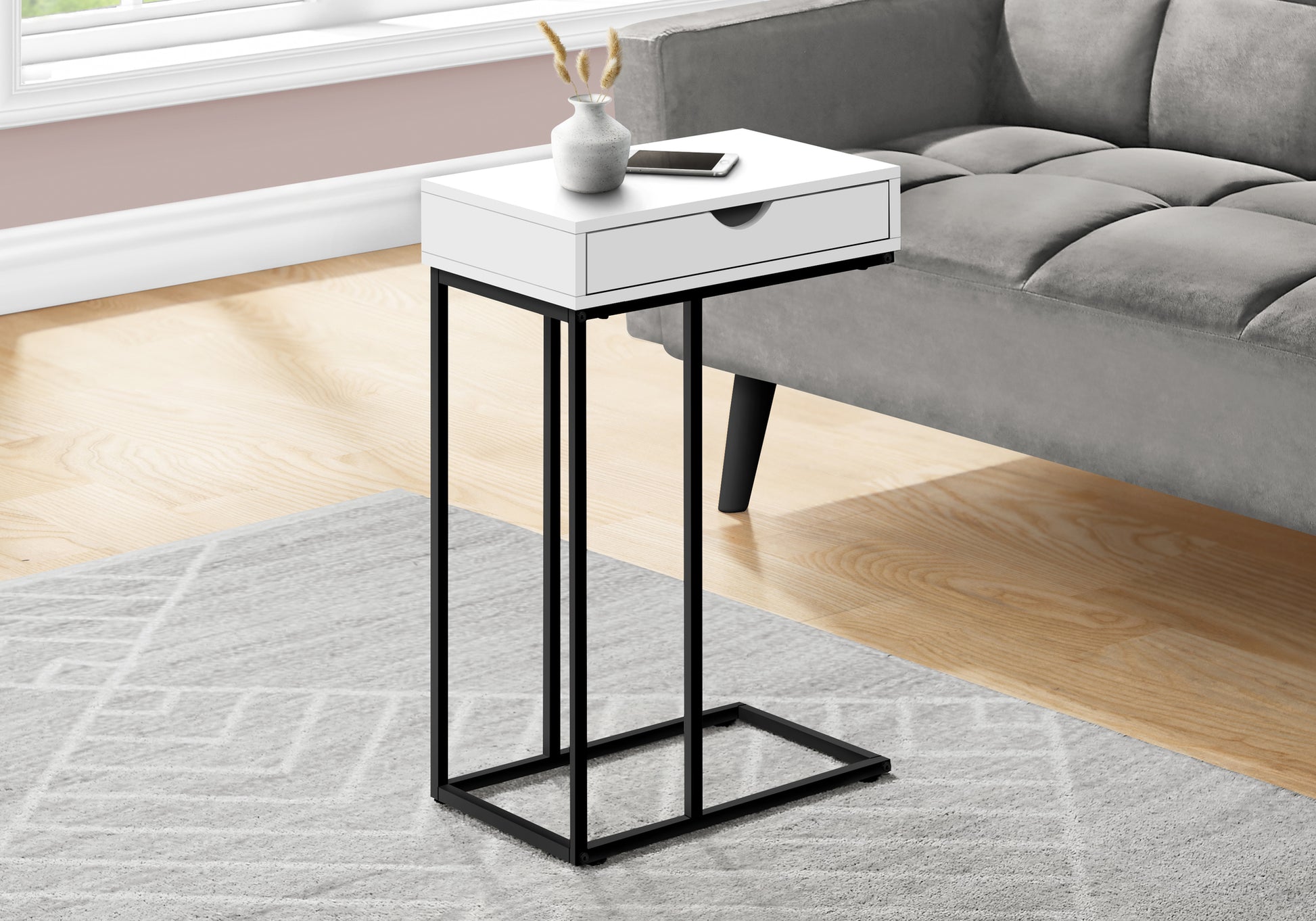 Accent Table, C Shaped, End, Side, Snack, Storage Drawer, Living Room, Bedroom, White Laminate, Black Metal, Contemporary, Modern White Particle Board