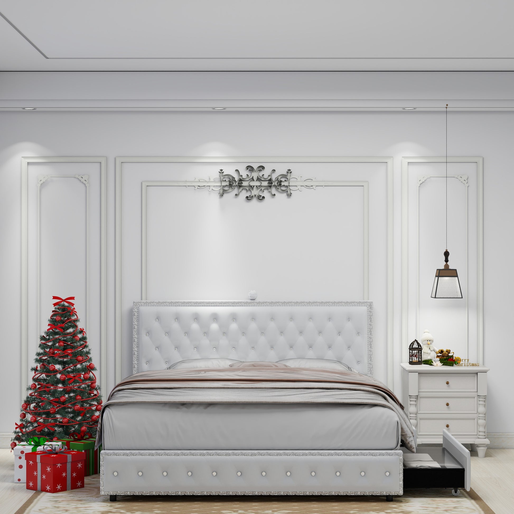 Queen Size Bed Frame With 4 Drawers, Star Galaxy Projector, Usb Charger, Music Speaker, Adjustable Upholstered Headboard With Diamond Button,Pu Leather White Pu Mdf Metal