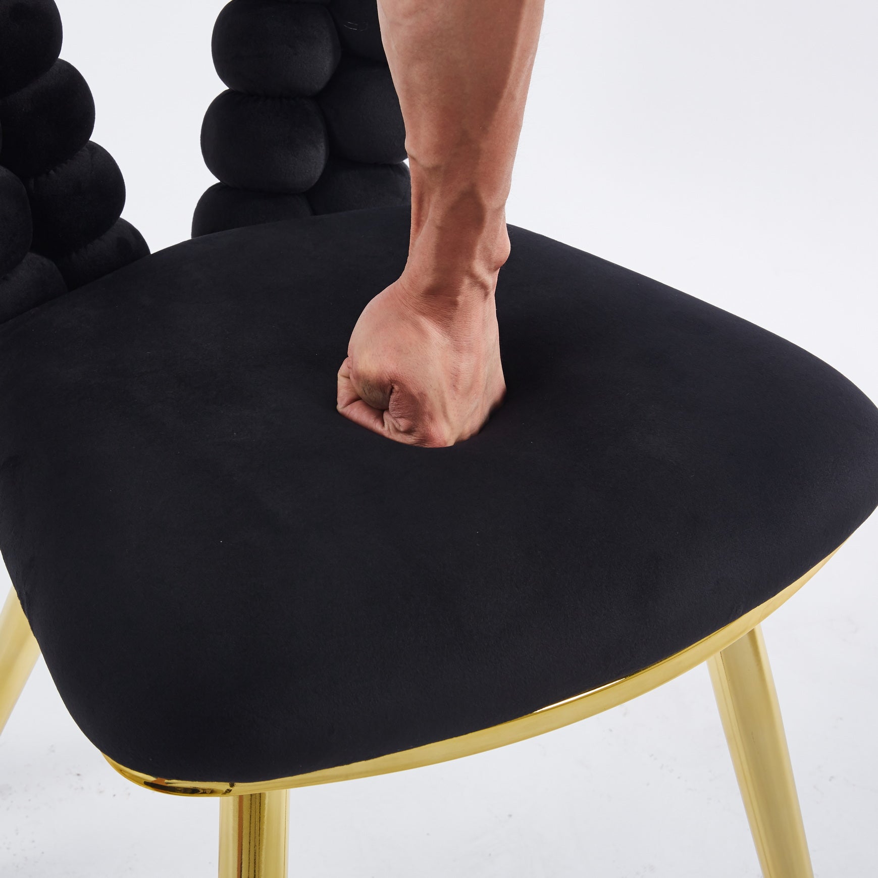 Modern Chair Set Of 2 With Golden Color Iron Tube Legs, Black Soft Cushions And Comfortable Backrest, Suitable For Dining Room, Living Room, Cafe,Hairball Back Gold Black Fabric