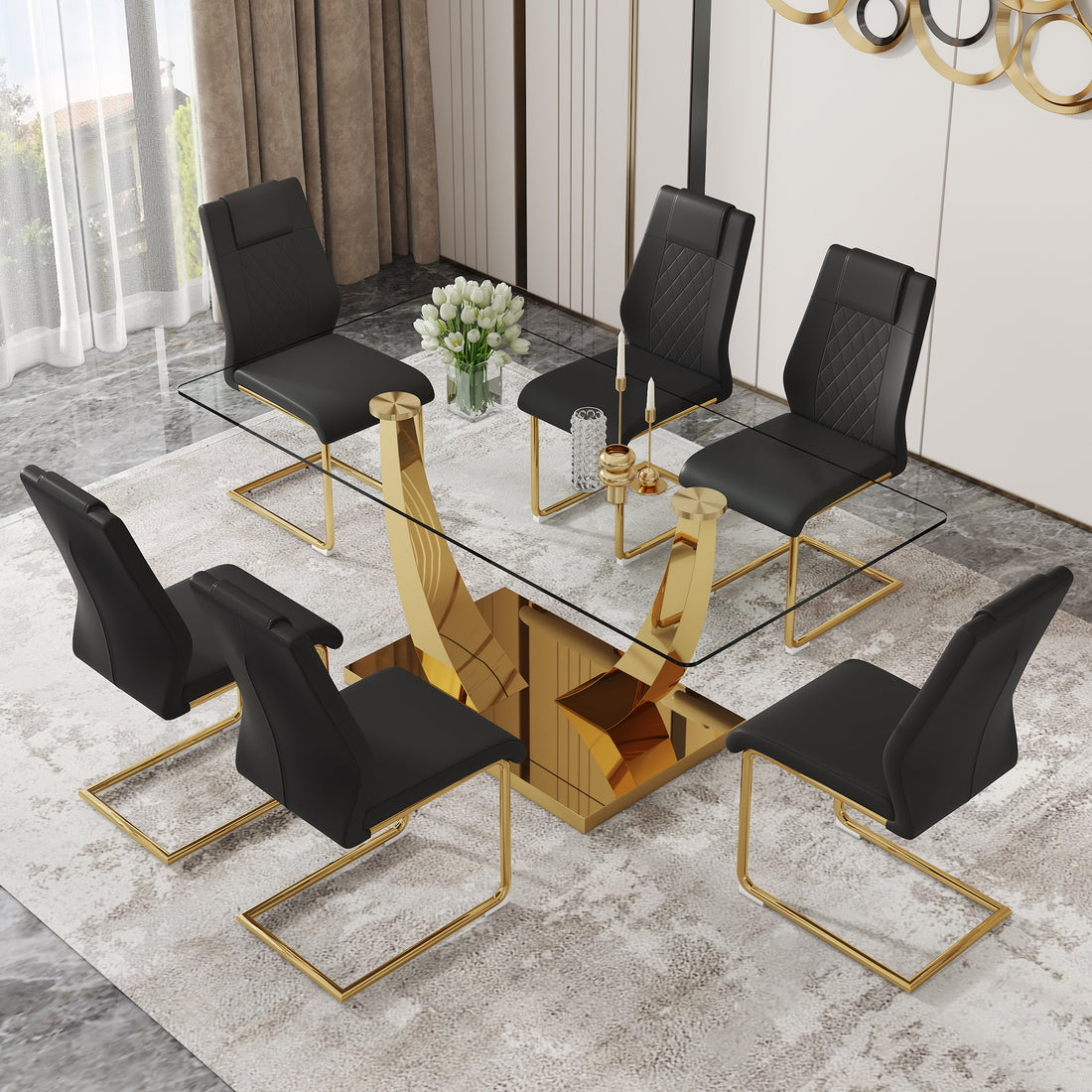 Table And Chair Set.Modern Rectangular Dining Table With Transparent Tempered Glass Tabletop And Gold Plated Metal Legs.Paried With 6 Comfortable Chairs With Pu Seats And Golden Metal Legs. Black Gold,Transparent Seats 6 Glass Metal