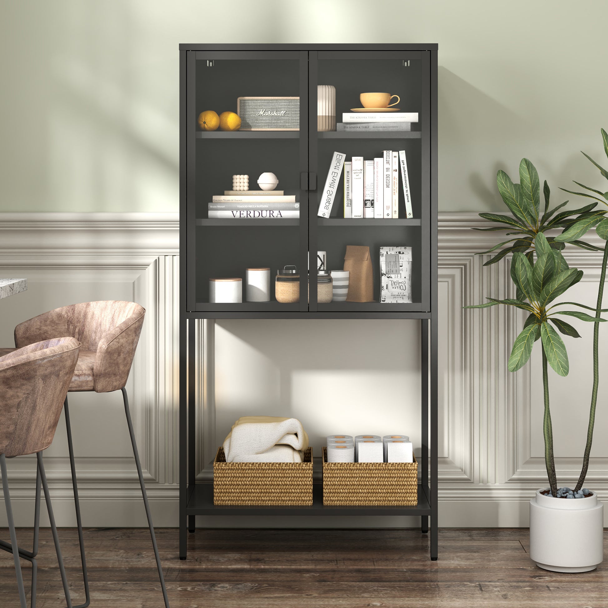 59"H Heavy Duty Metal Storage Cabinet,Sideboards & Buffet,Display Storage Cabinet With Glass Doors And 2 Adjustable Shelves, Tall Bookcase Modern Bookshelf Cabinet For Home Office, Living Room Black Primary Living Space Modern Metal Metal