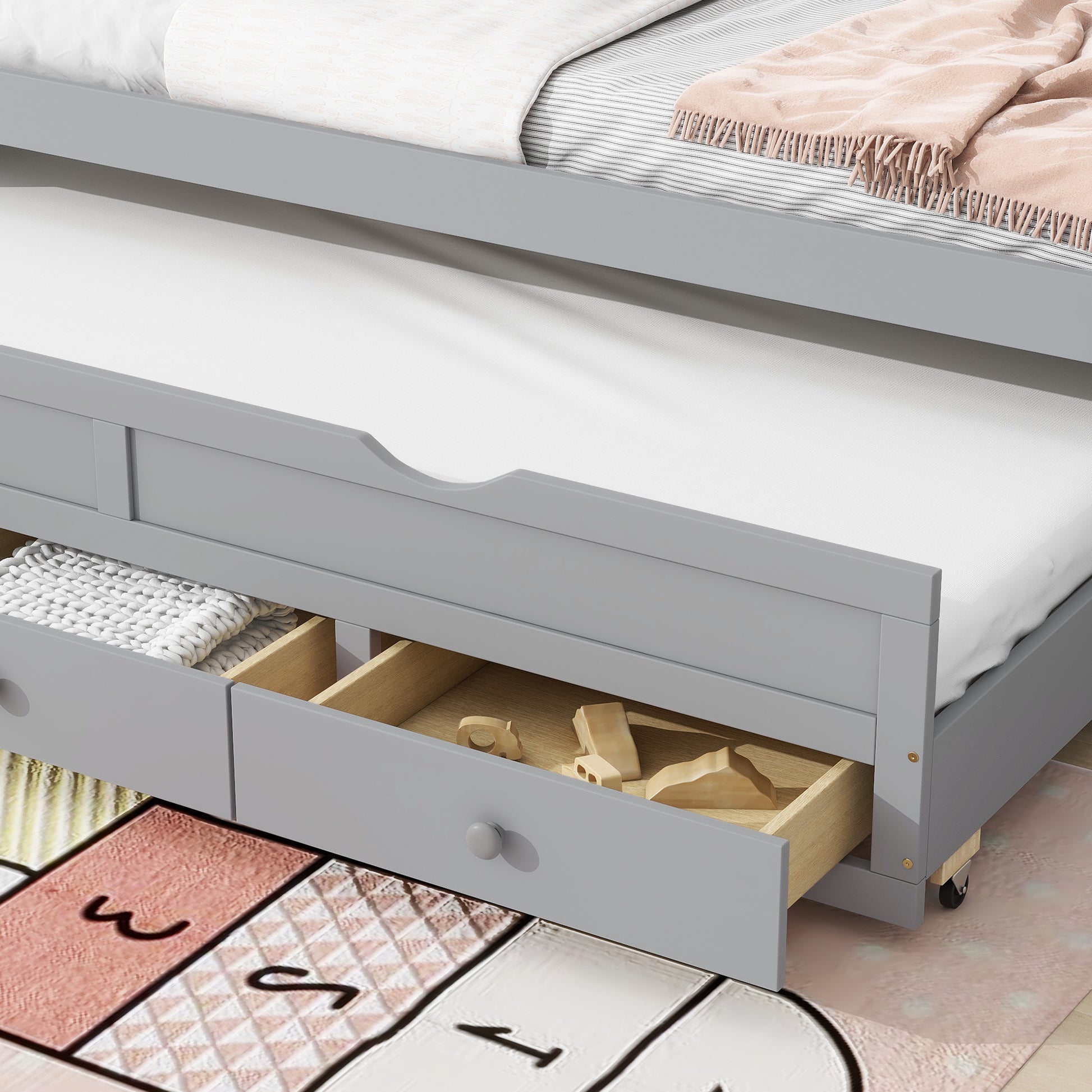Twin Size Bed With Headboard, Footboard, Trundle And Three Storage Drawers, Twin Size Pine Wood Bed With Headboard, Footboard,Grey Twin Grey Pine