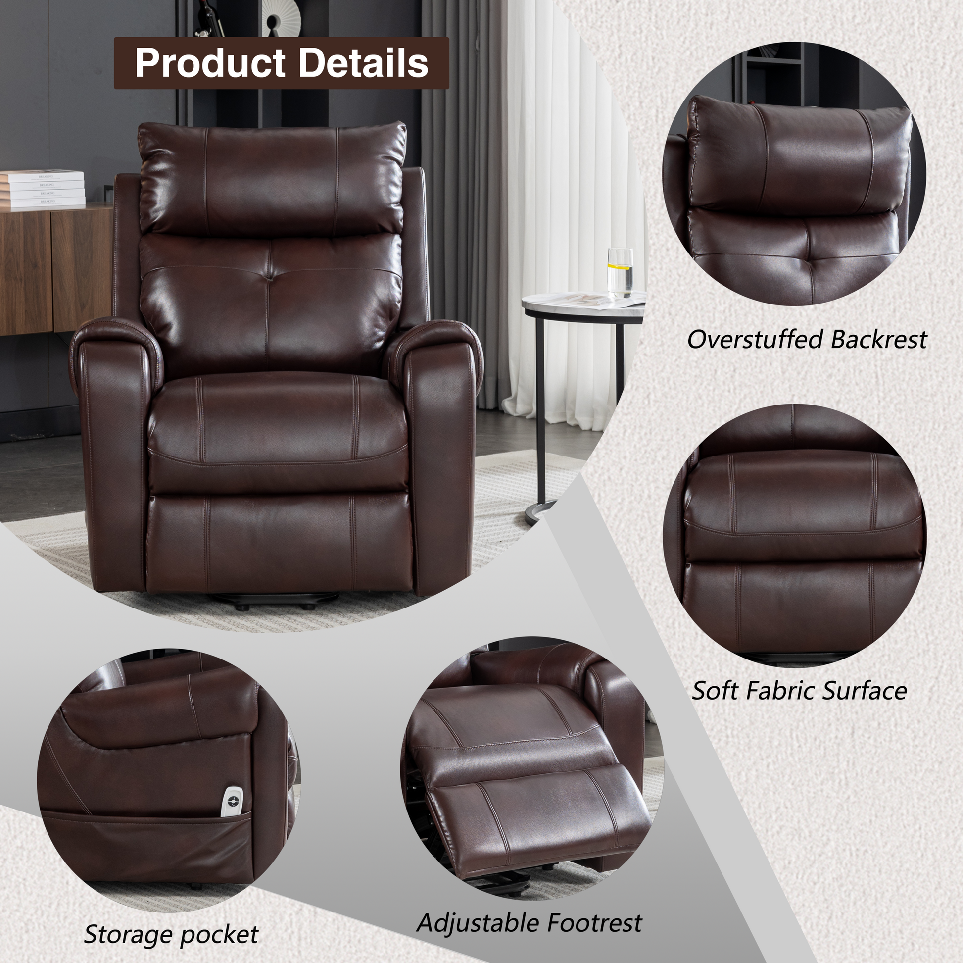 Lift Recliner Chair, Electric Power Recliner Chair For Elderly, Red Brown Red Brown Faux Leather Power Remote Wood Primary Living Space Soft American Traditional,Contemporary Metal & Wood