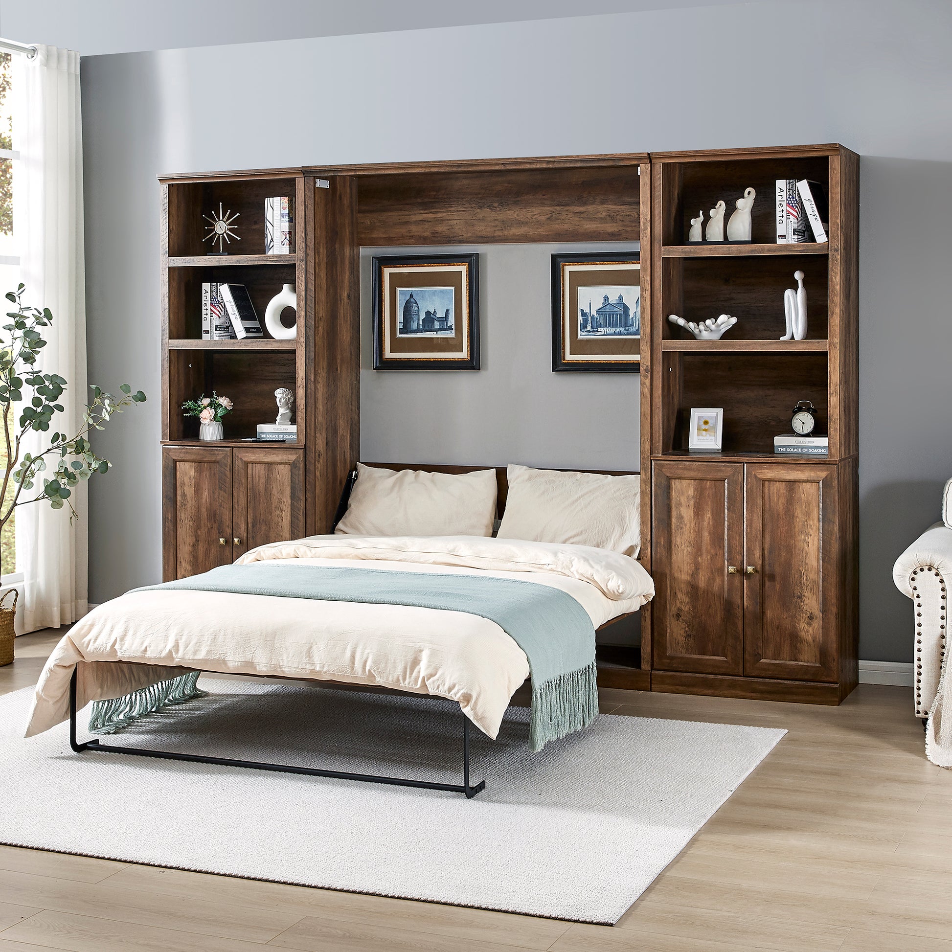 Full Size Half Self Close And Open Murphy Bed With 2 Side Cabinet Storage Shelf, Cabinet Space Saving Bed Perfect For Guest Room, Bed Room, Guest Room, Home Office, Brown Box Spring Not Required Full Brown Wood Brown Pine Murphy Solid Wood Mdf