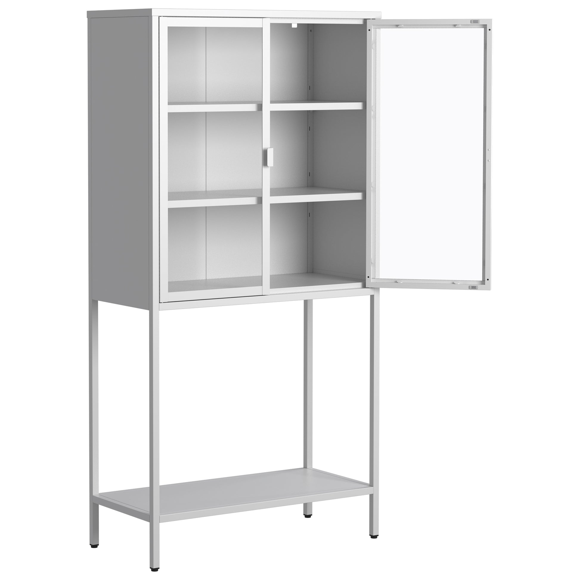 59"H Heavy Duty Metal Storage Cabinet, Display Storage Cabinet With Glass Doors And 2 Adjustable Shelves, Tall Bookcase Modern Bookshelf Cabinet For Home Office, Living Room, Pantry Accent Chests 1 2 Shelves Antique White Primary Living Space Glass Doors