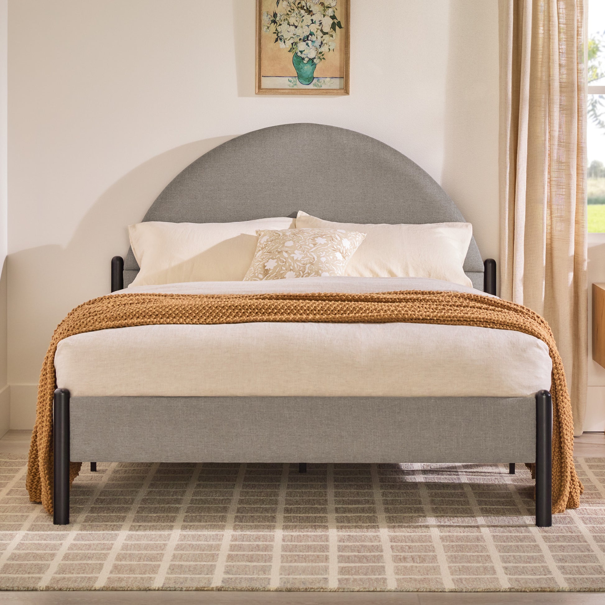 Modern Upholstered Curved Headboard Queen Bedframe Grey Queen Gray Metal Polyester
