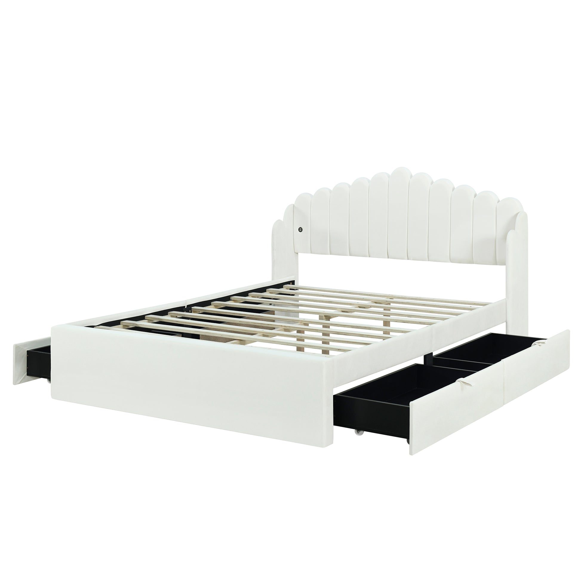 Queen Size Upholstered Platform Bed With 4 Drawers And 2 Usb, Beige Box Spring Not Required Queen Beige Wood Bedroom Bed Frame Polyester Upholstered