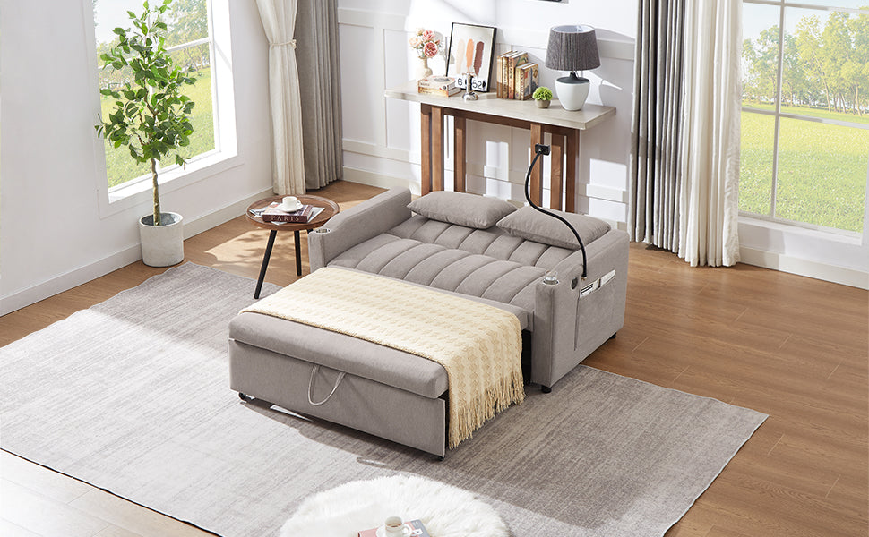 55.9" Convertible Sofa Bed Loveseat Sofa With Three Usb Ports, Two Side Pockets, Two Cup Holders And 360 Swivel Phone Holder For Living Room, Light Grey Light Grey Foam Polyester 2 Seat