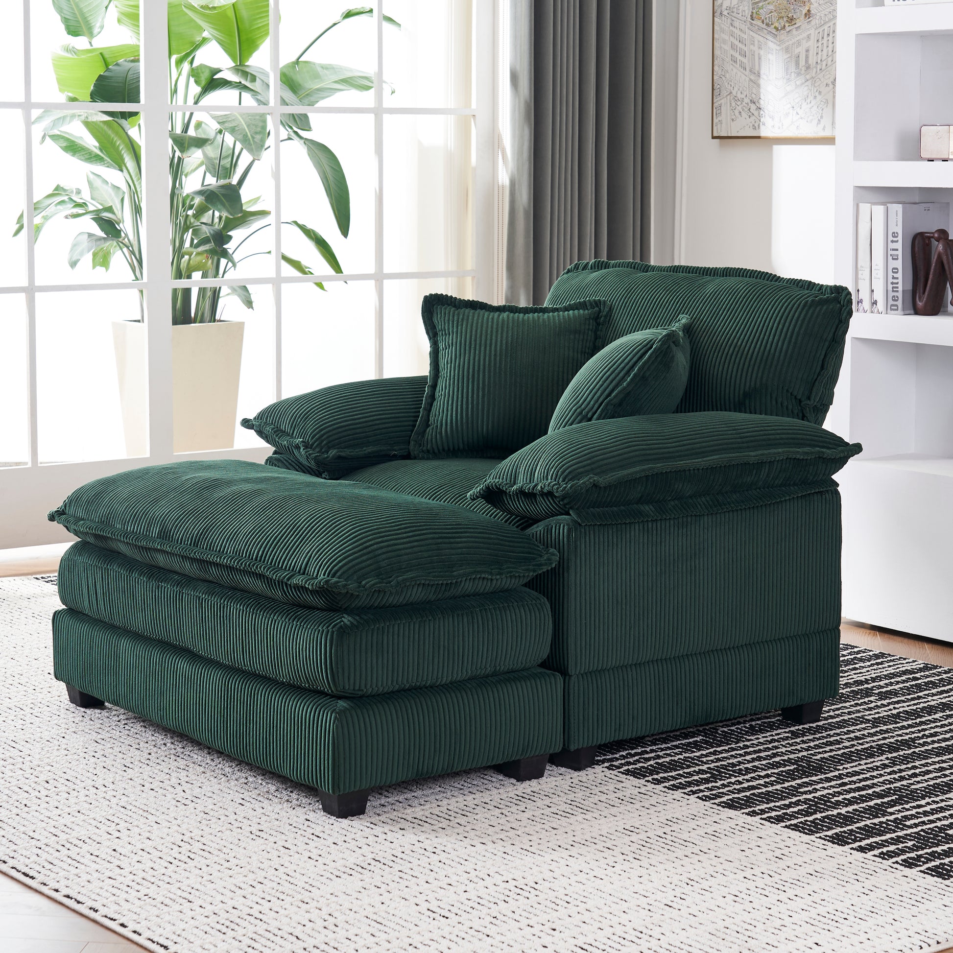 56.3 Inch Corduroy Single Sofa With 2 Toss Pillows And A Ottoman ,Comfy Sofa Deep Seat Couch For Living Room Green Foam 1 Seat