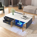 Modern Navy Blue Coffee Table With 2 Glass Door Storage, 4 Drawers, Gold Metal Legs, And Multi Color Lighting In 47.2'' Navy Blue Drawers Mdf