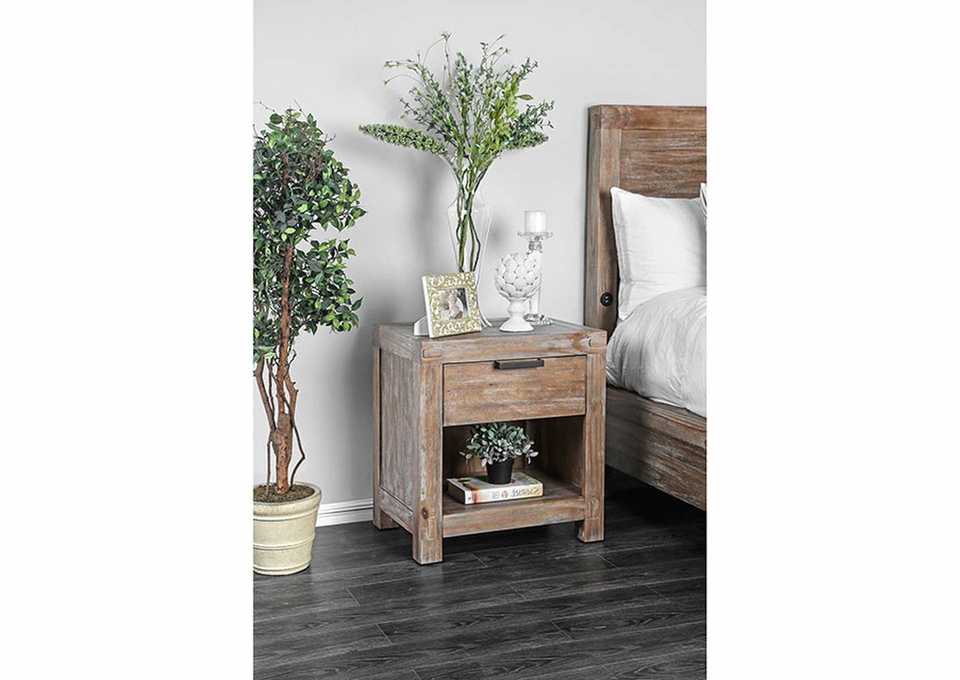 Rustic Weathered Light Oak 1Pc Nightstand Black Bar Pull Bedroom Furniture Bedside Table 1 Drawer Light Oak 1 Drawer Bedroom Bedside Cabinet Contemporary,Modern Solid Wood Solid Wood