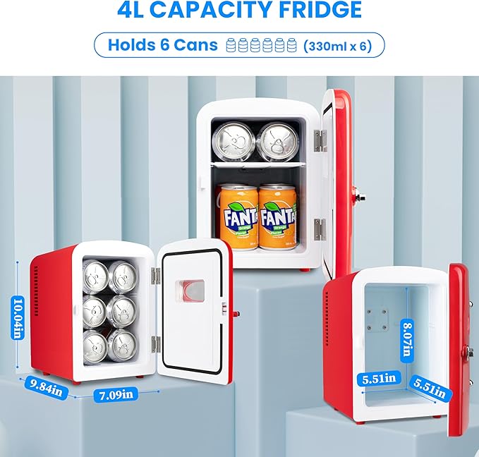 4L Portable Mini Fridge Warmer And Cooler Six 12Oz Cans Compact Refrigerator, 100% Freon Free & Eco Friendly, 4 L, Red Red Plastic