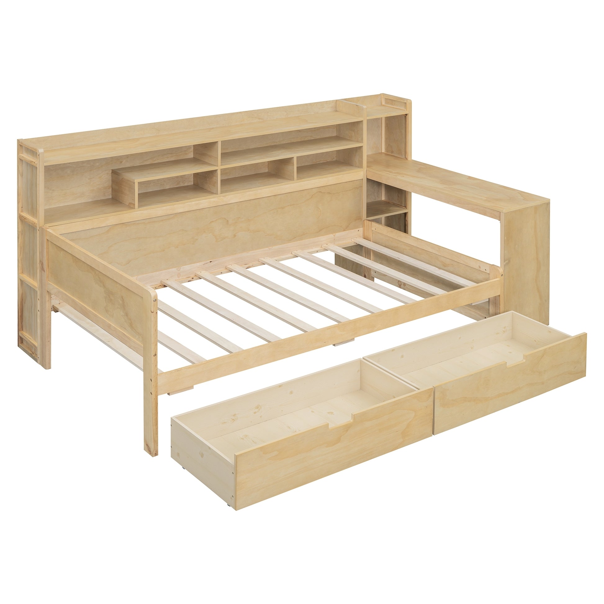 Wooden Twin Size Daybed With Storage Shelves, Multi Functional Bed With Two Storage Drawers And Study Desk, Natural Twin Natural Wood