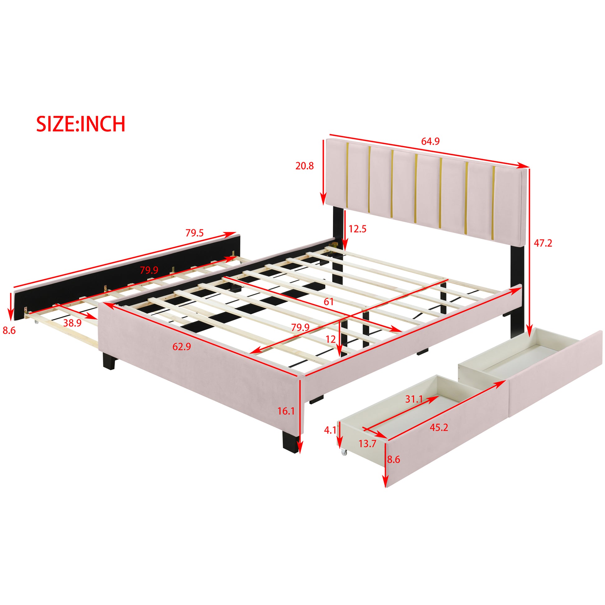 Queen Size Upholstered Platform Bed With 2 Drawers And 1 Trundle, Classic Metal Strip Headboard Design, Pink Queen Pink Mdf Lvl