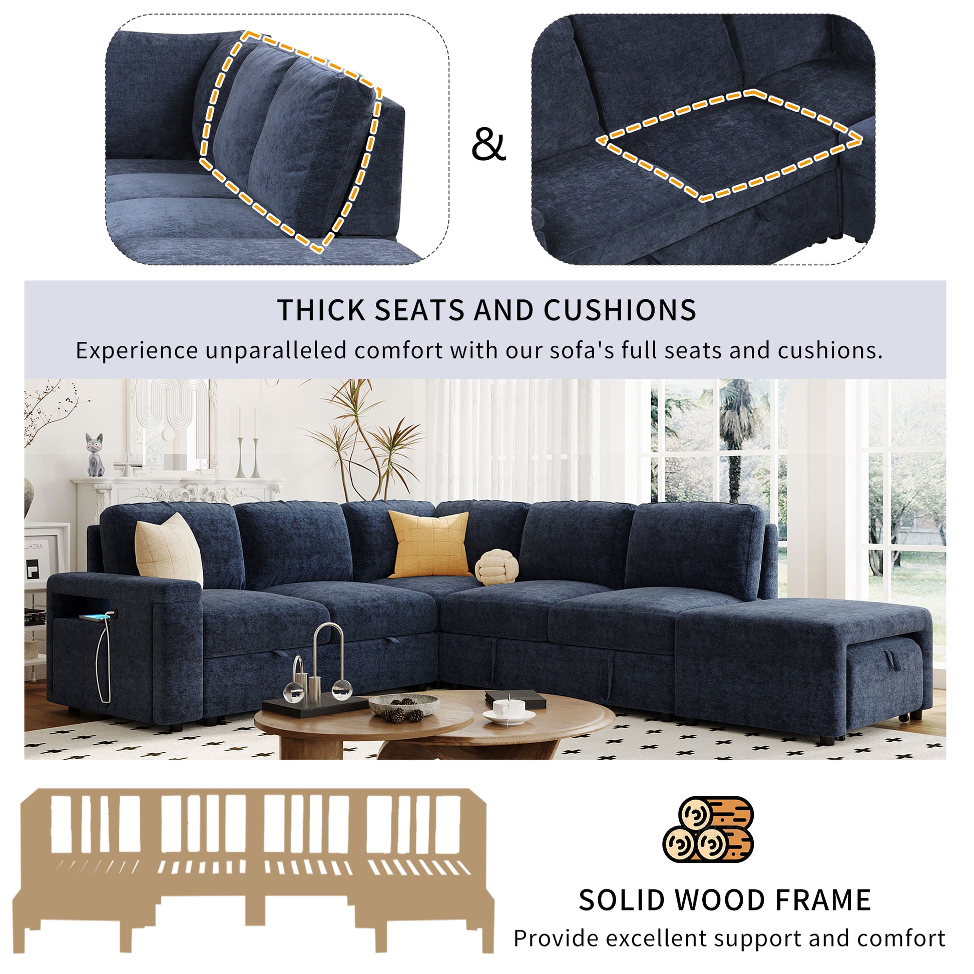 L Shaped Padded Modular Sofa With Storage Space, Usb Ports, And Cup Holders On The Armrests, Suitable For Living Rooms, Offices, And Apartments. Blue Wood Polyester 5 Seat