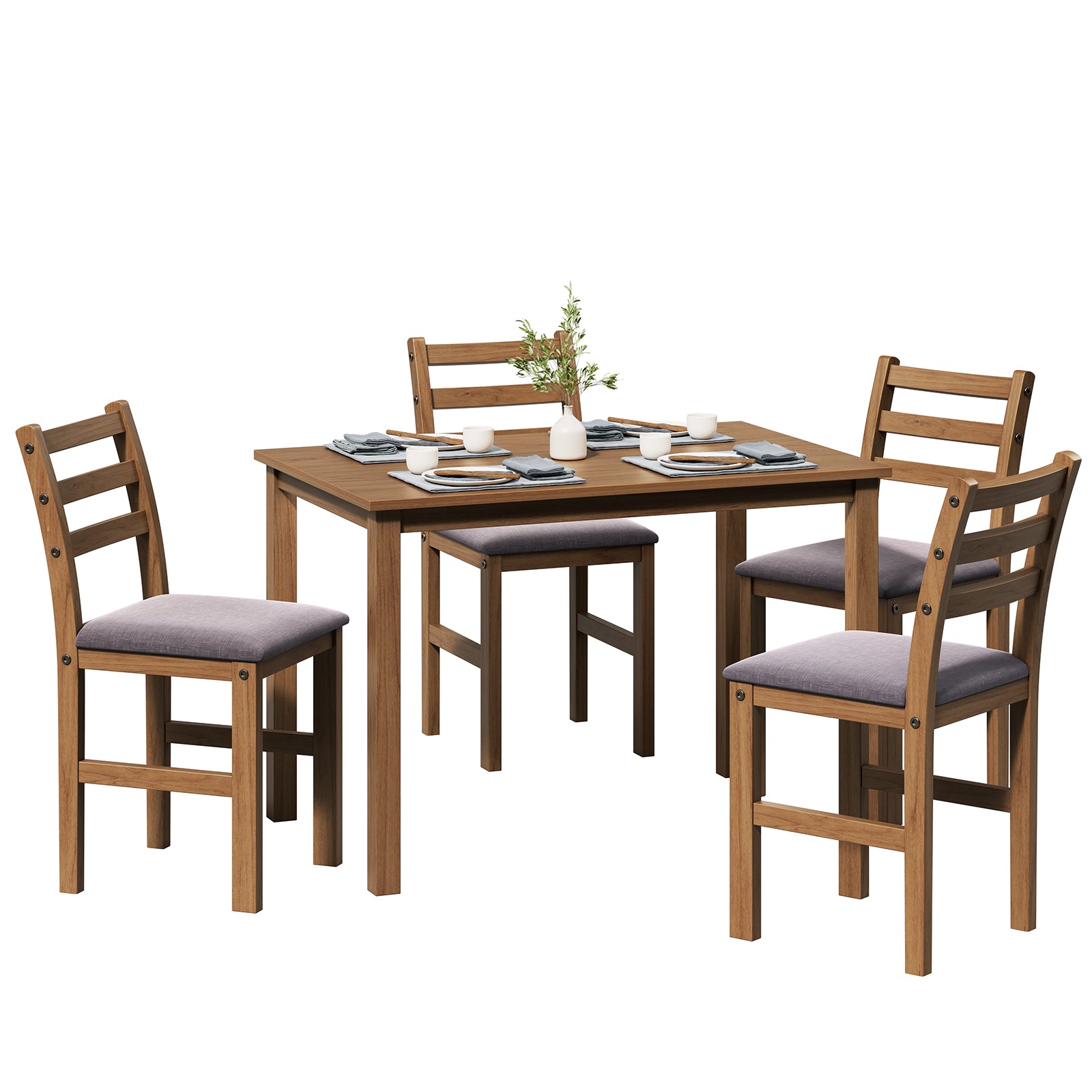 5Pcs Stylish Dining Table Set 4 Upholstered Chairs With Ladder Back Design For Dining Room Kitchen Brown Cushion And Antique Oak Oak Rubber Wood