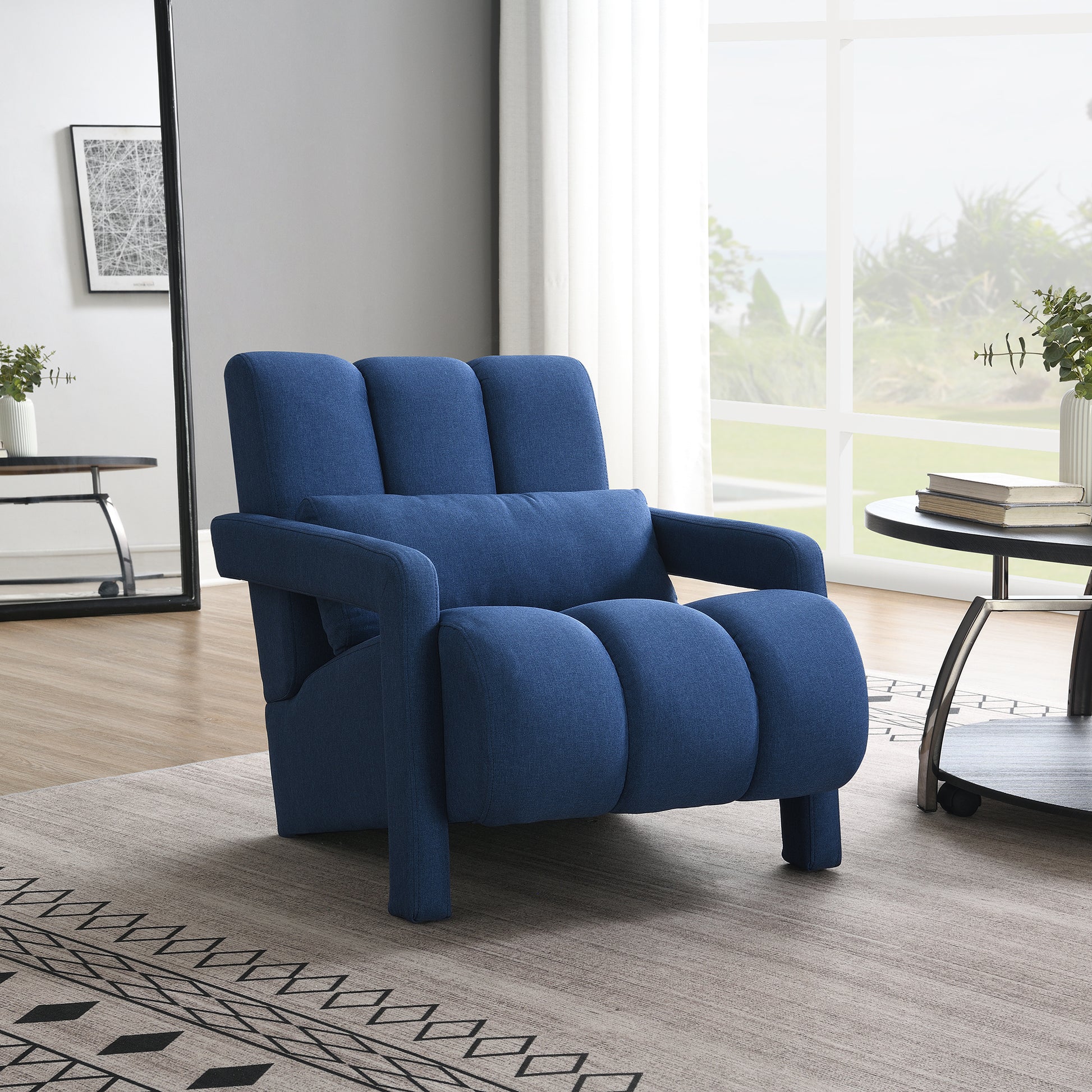 Modern Upholstered Accent Chair, Comfortable Linen Fabric With A Pillow For Living Room,Bedroom. Linen, Navy Blue Navy Blue Primary Living Space Modern Pine Foam Wood Fabric