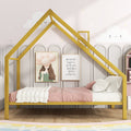 Full Size Metal House Platform Bed With Roof And Chimney, Gold Box Spring Not Required Full Gold Metal Bedroom Bed Frame Metal