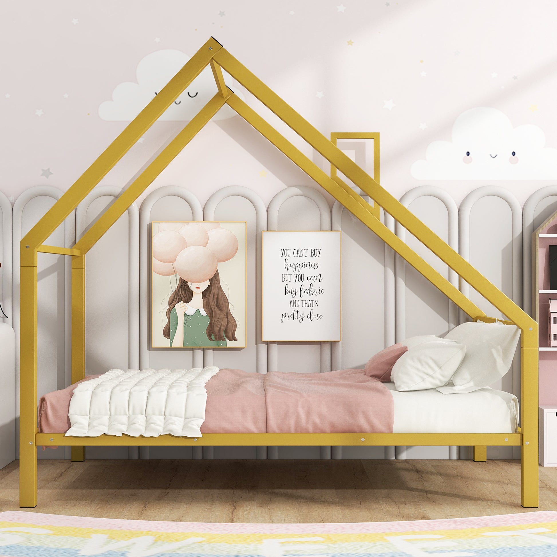 Full Size Metal House Platform Bed With Roof And Chimney, Gold Box Spring Not Required Full Gold Metal Bedroom Bed Frame Metal