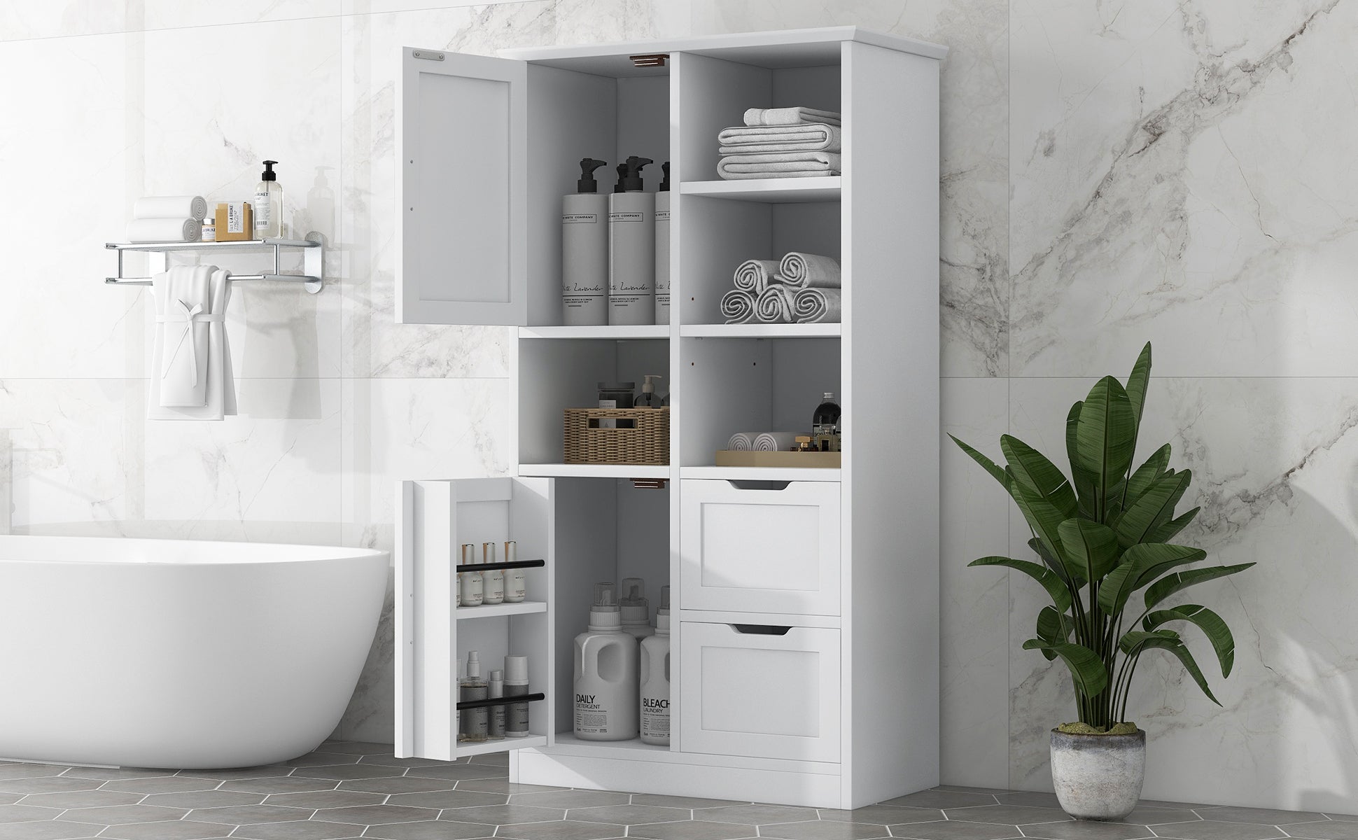 Bathroom Storage Cabinet With Doors And Drawers, Multiple Storage Space, Freestanding Style, Open Shelve, Adjustable Shelf, White White Mdf