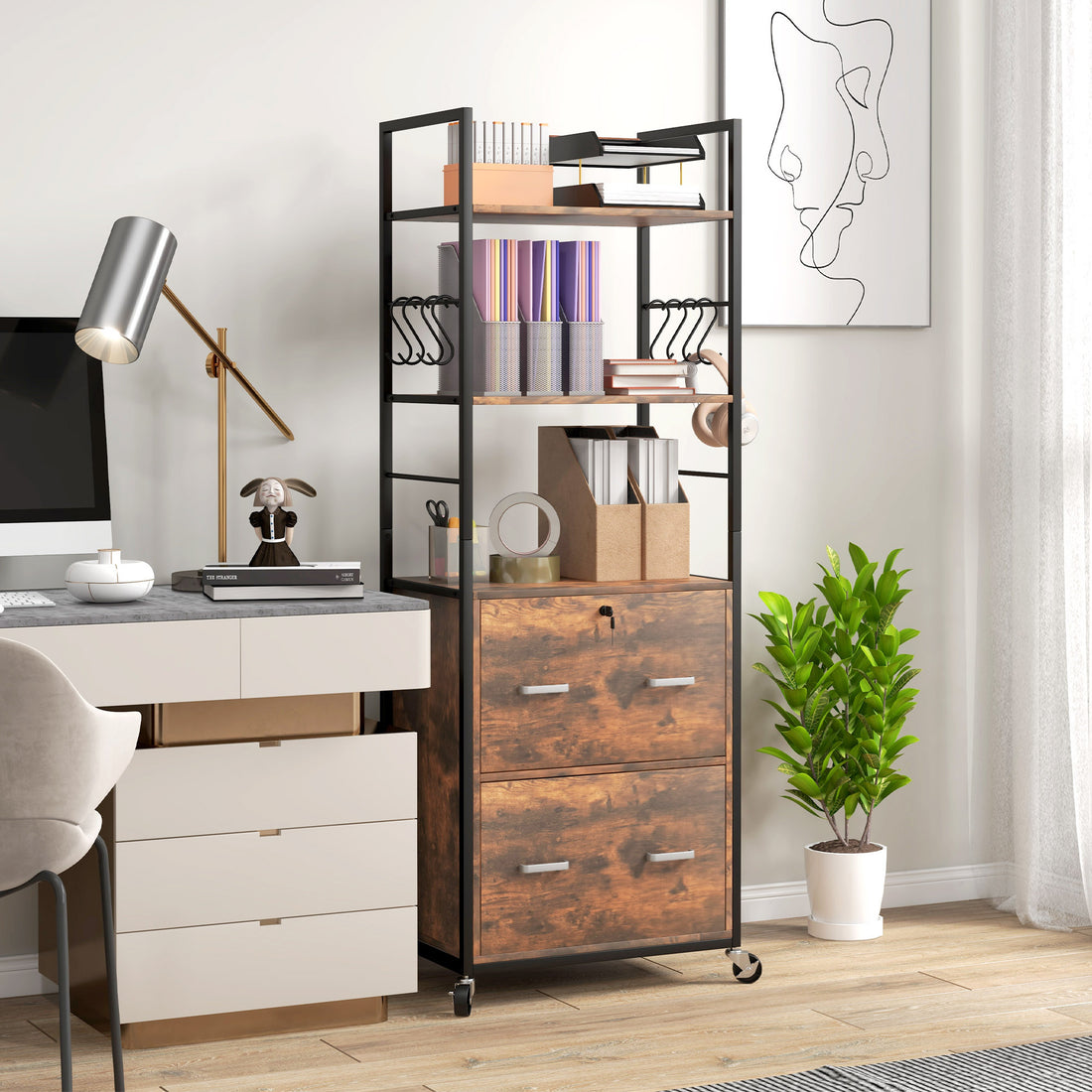 Vinsetto 2 Drawer Mobile File Cabinet With Lock & Hanging Bar, Rustic Brown Rustic Brown Particle Board