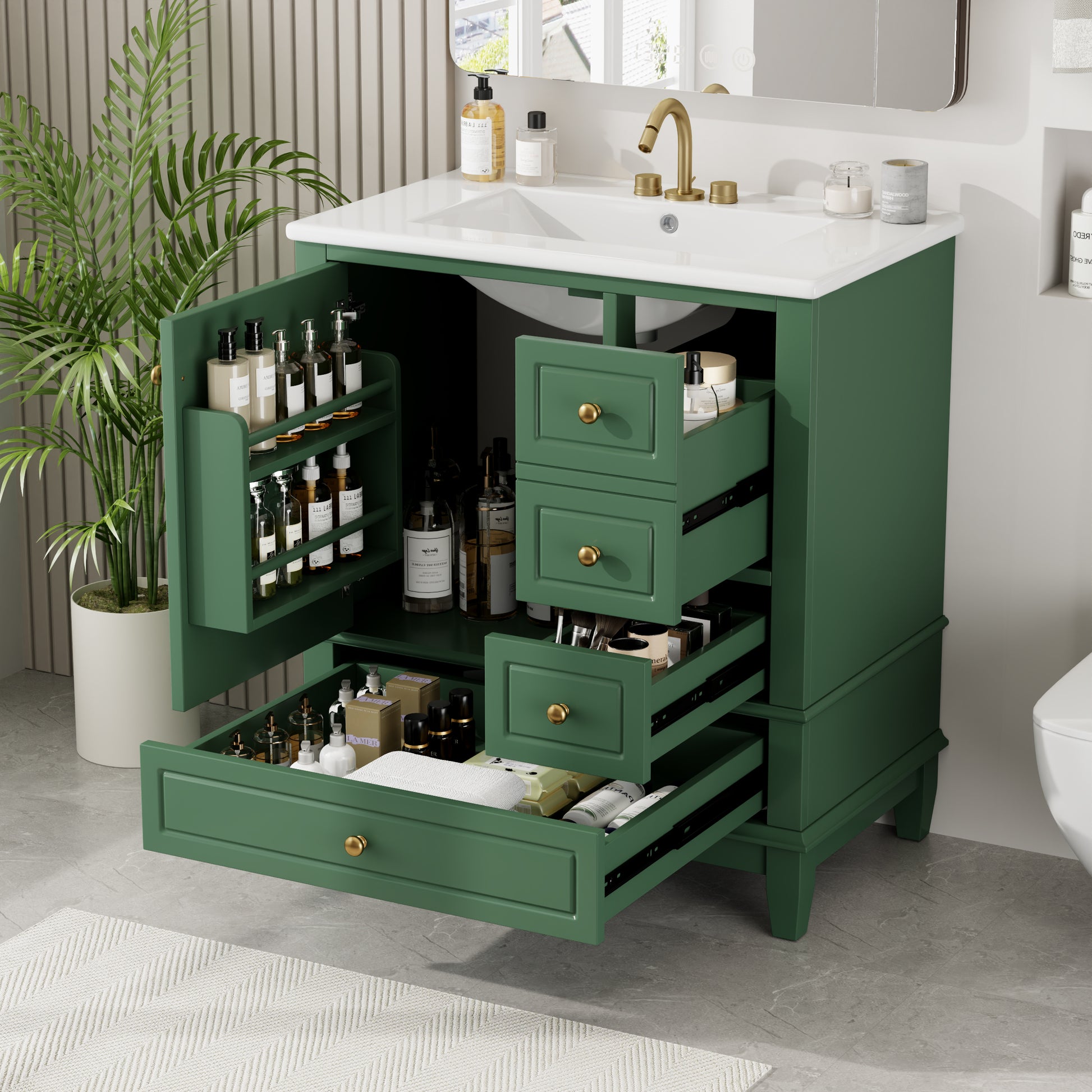 30" Bathroom Vanity With Sink, One Door With Shelf And Three Drawers, Soft Close Door, Green Green Ceramic Mdf,Rubber Wood
