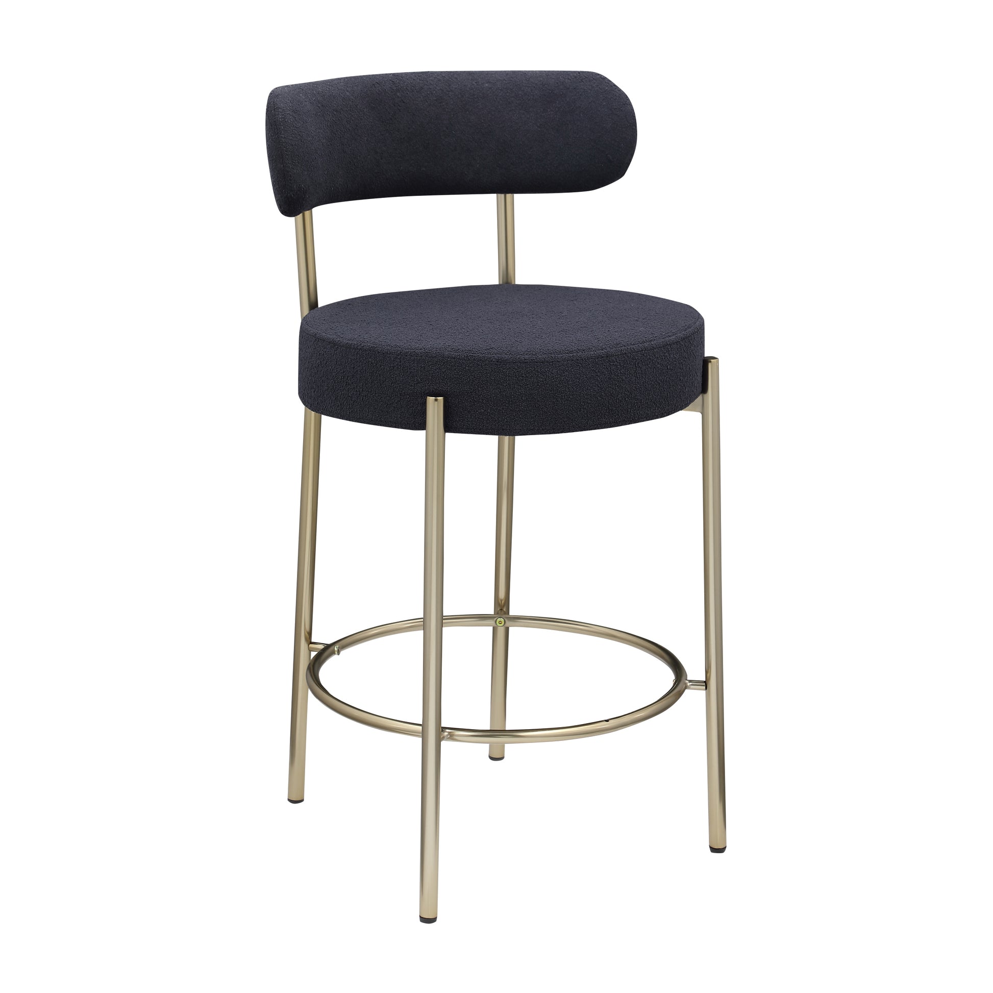Modern Sherpa Counter Height Stools Set Of 2, Uphsoltered 26" Seat Height Barstools With Brushed Brass Metal Legs Round Low Back Kitchen Stools With Footrest For Dining Room, Black Iron Black Gold Dining Room Foam Round Dining Chairs Foam Metal