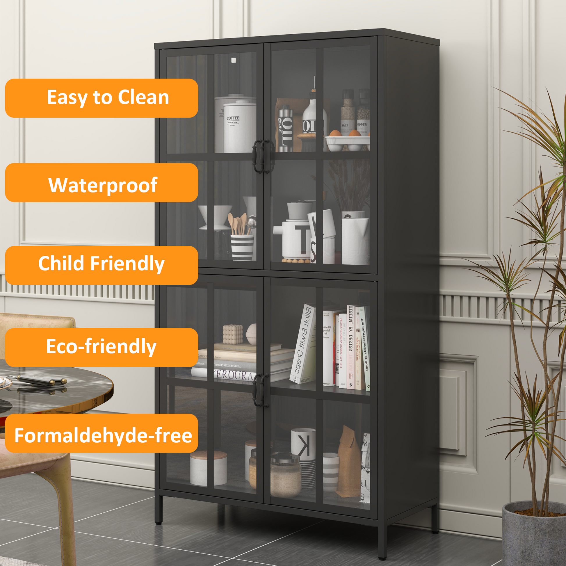 Premium Black Metal Storage Cabinet With Tempered Glass Doors, Adjustable Shelves, Anti Tipping Device, Magnetic Silent Closure, And Adjustable Feet For Home And Office Use Accent Chests 3 4 Spaces