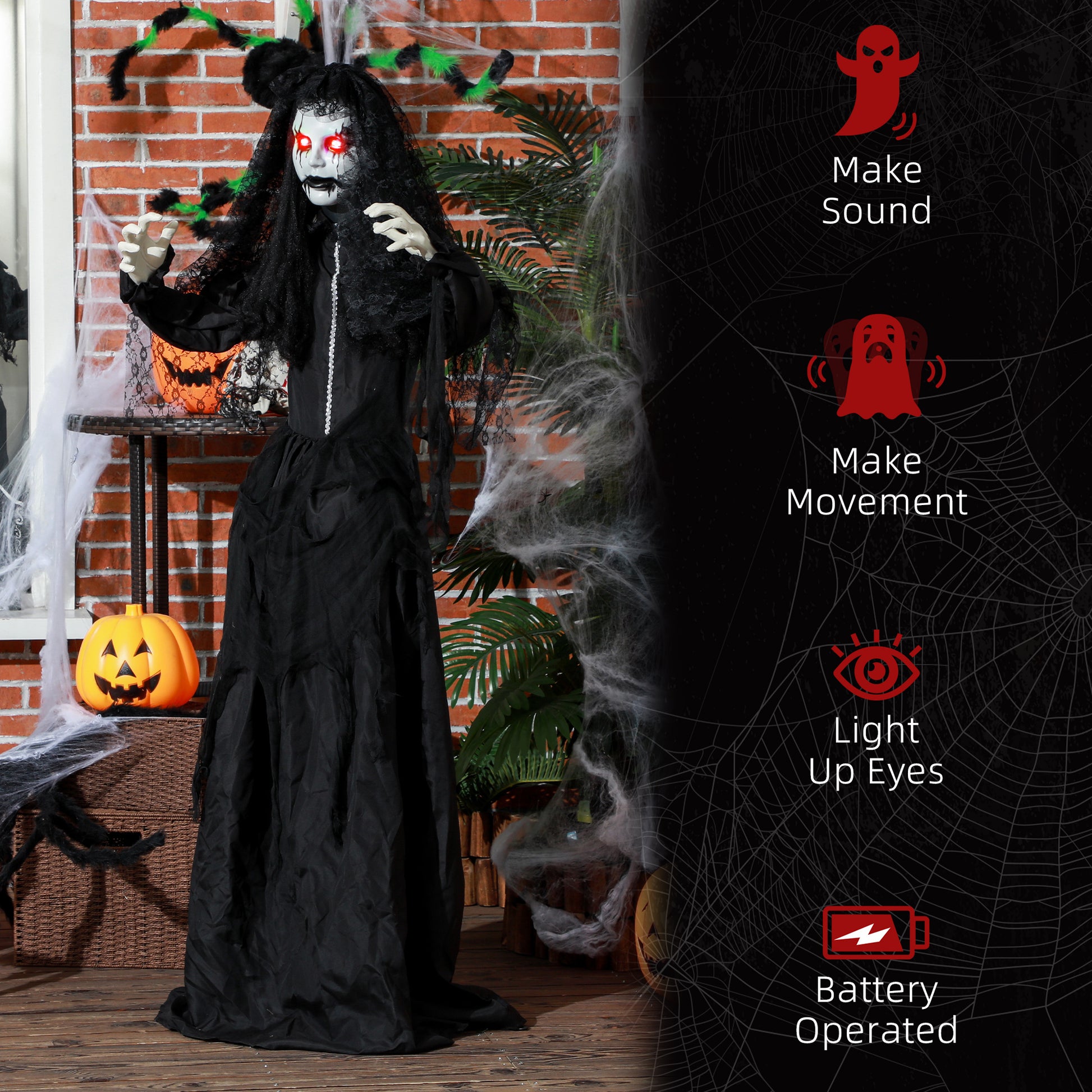 Homcom 67" Life Size Freestanding Scary Ghost Bride, Animated Halloween Prop With Sound Activation And Red Eyes, Creepy Voice, For Covered Outdoor And Indoor, Battery Operated Animatronic Decor Black Polyester