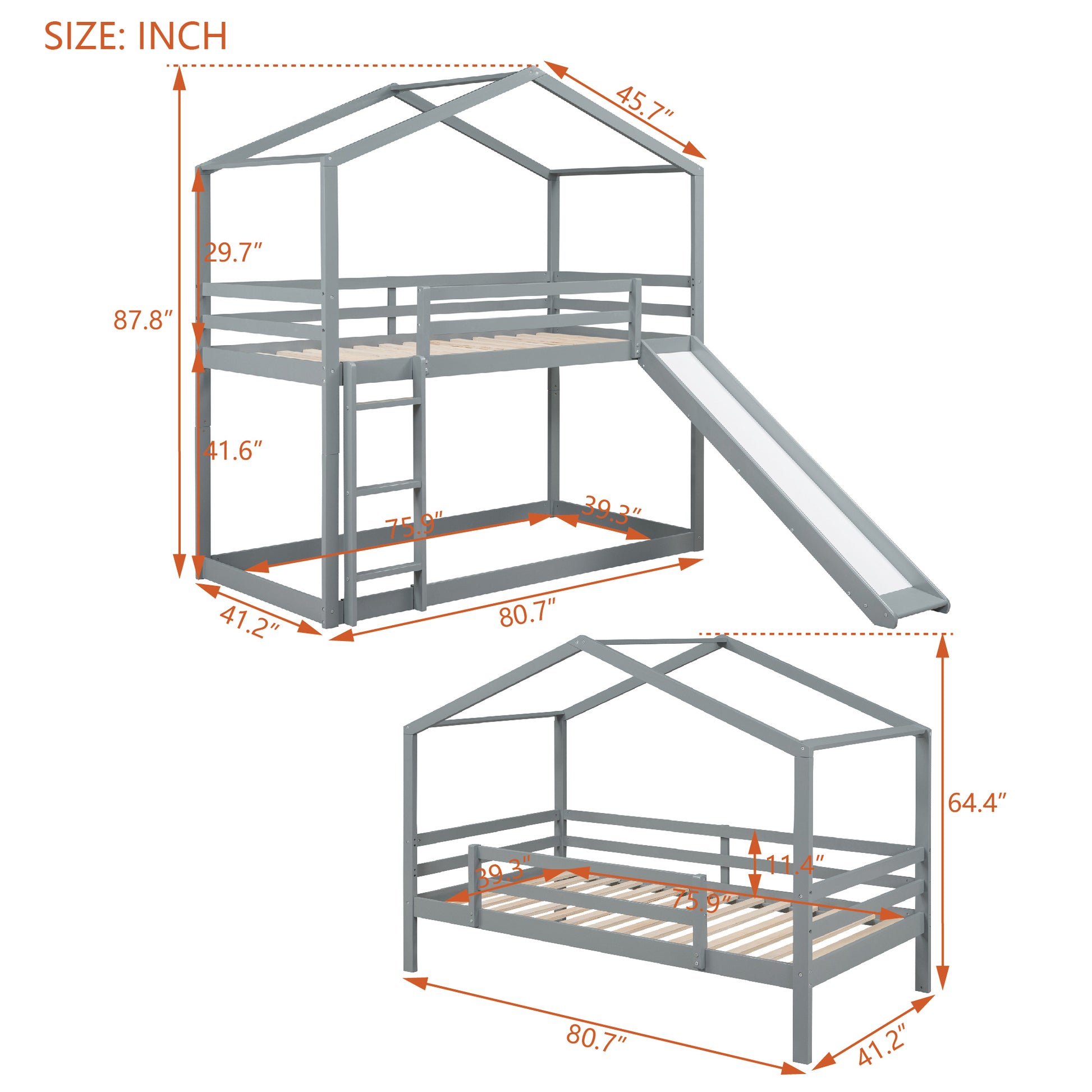 Twin Over Twin Bunk Bed With Roof, Slide And Ladder, Gray Twin Gray Solid Wood